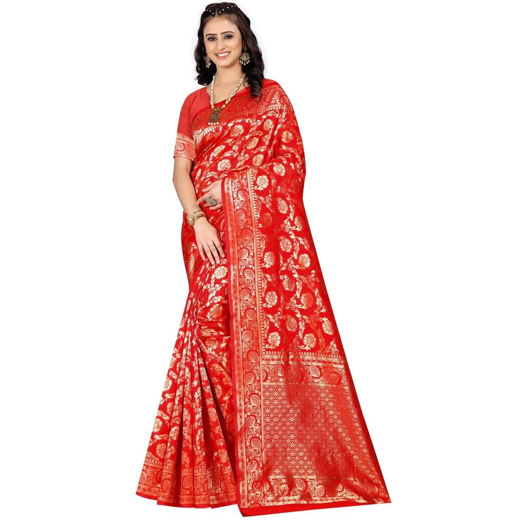 Sugathari Womens Banarasi Saree Pure Kanjivaram Silk Saree Soft new ladies 2023 Design Wear Pattu Sarees Latest Cotton Party Sari collections With Blouse Piece for Wedding sadi (SAM PARI-164 RED)
