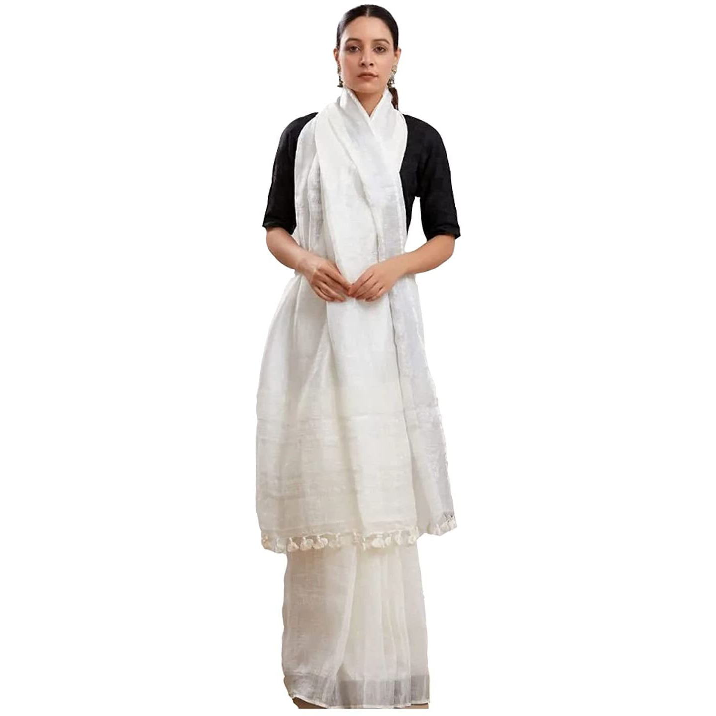 Silk Icon Women Linen Snow White Saree With Plain Zari Border Running Blouse Piece