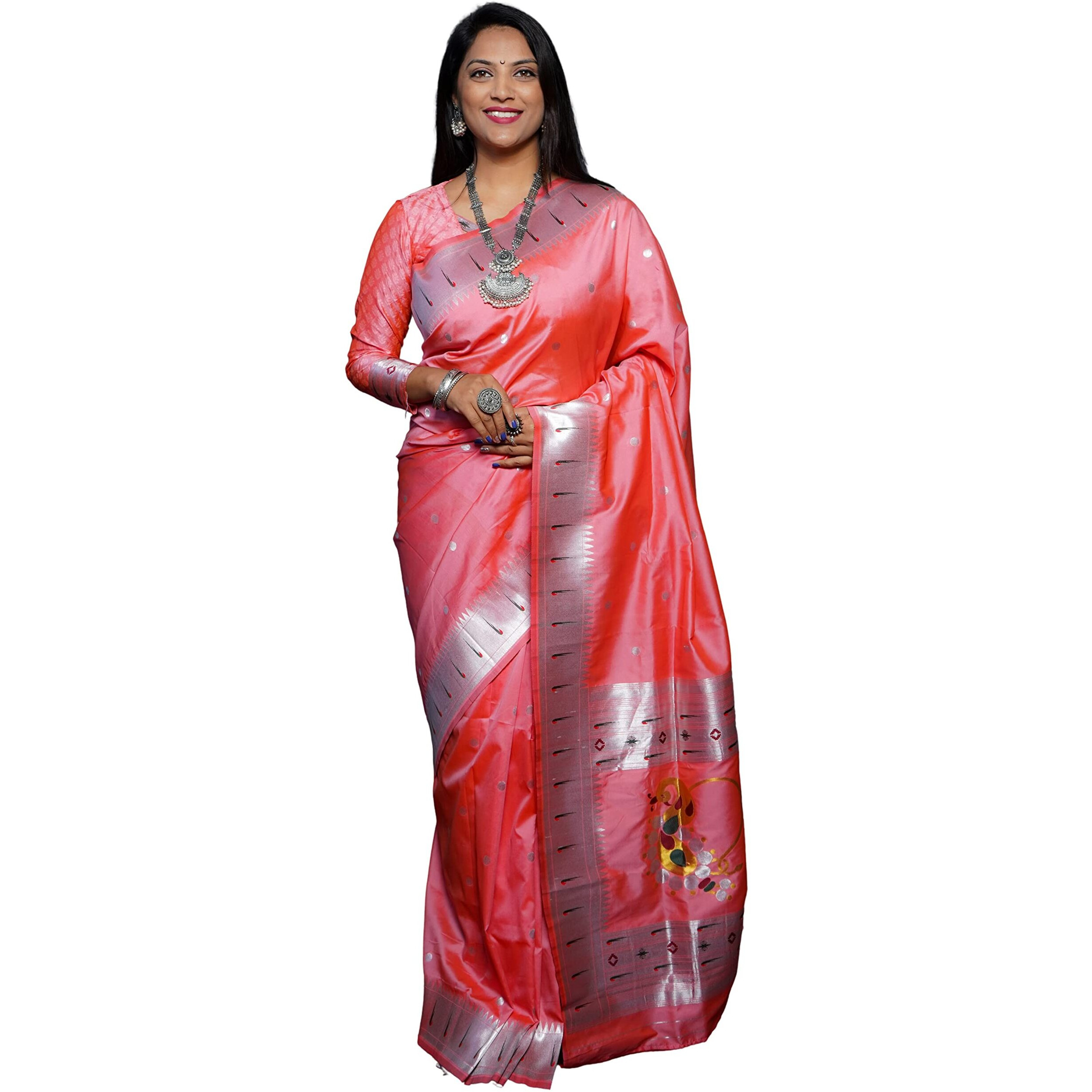 SGF11 Womens Paithani Kanjivaram Pure Silk Handloom Saree Pure Silver Zari With Blouse Piece (Light Pink)