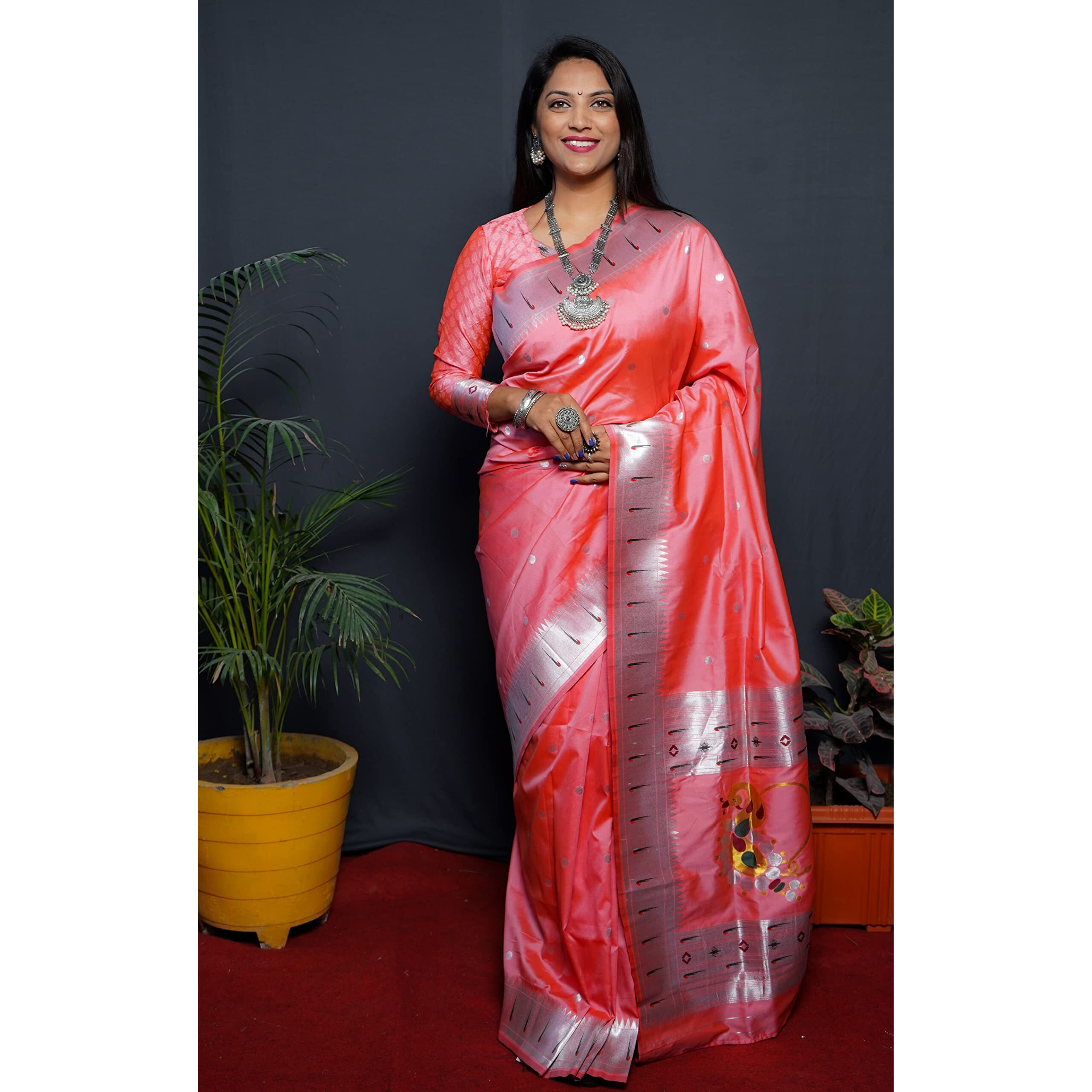 SGF11 Womens Paithani Kanjivaram Pure Silk Handloom Saree Pure Silver Zari With Blouse Piece (Light Pink)
