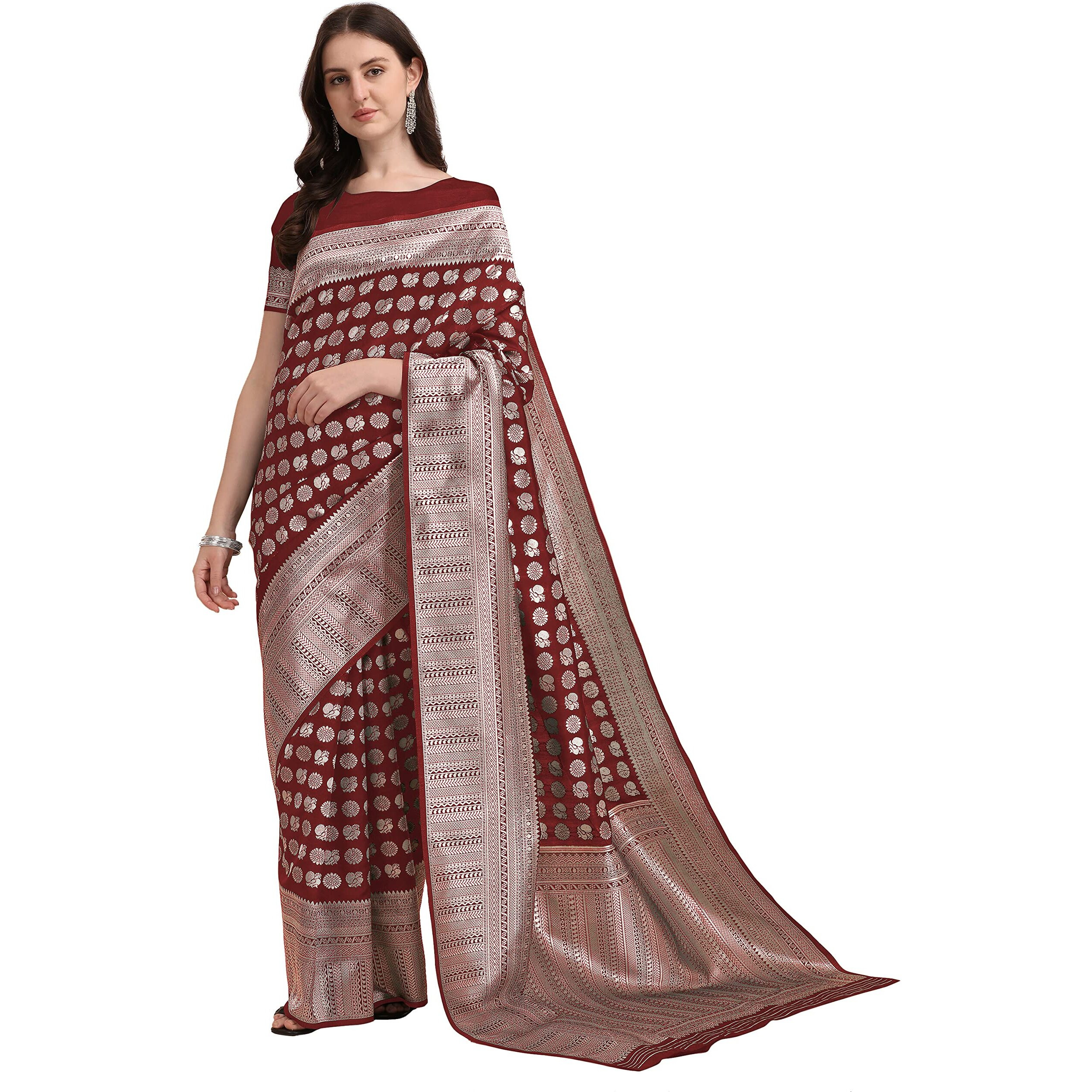 Jaanvi Fashion Womens Banarasi Silk Saree With Blouse Piece (Bella-Maroon-Saree-03_Persian Maroon)