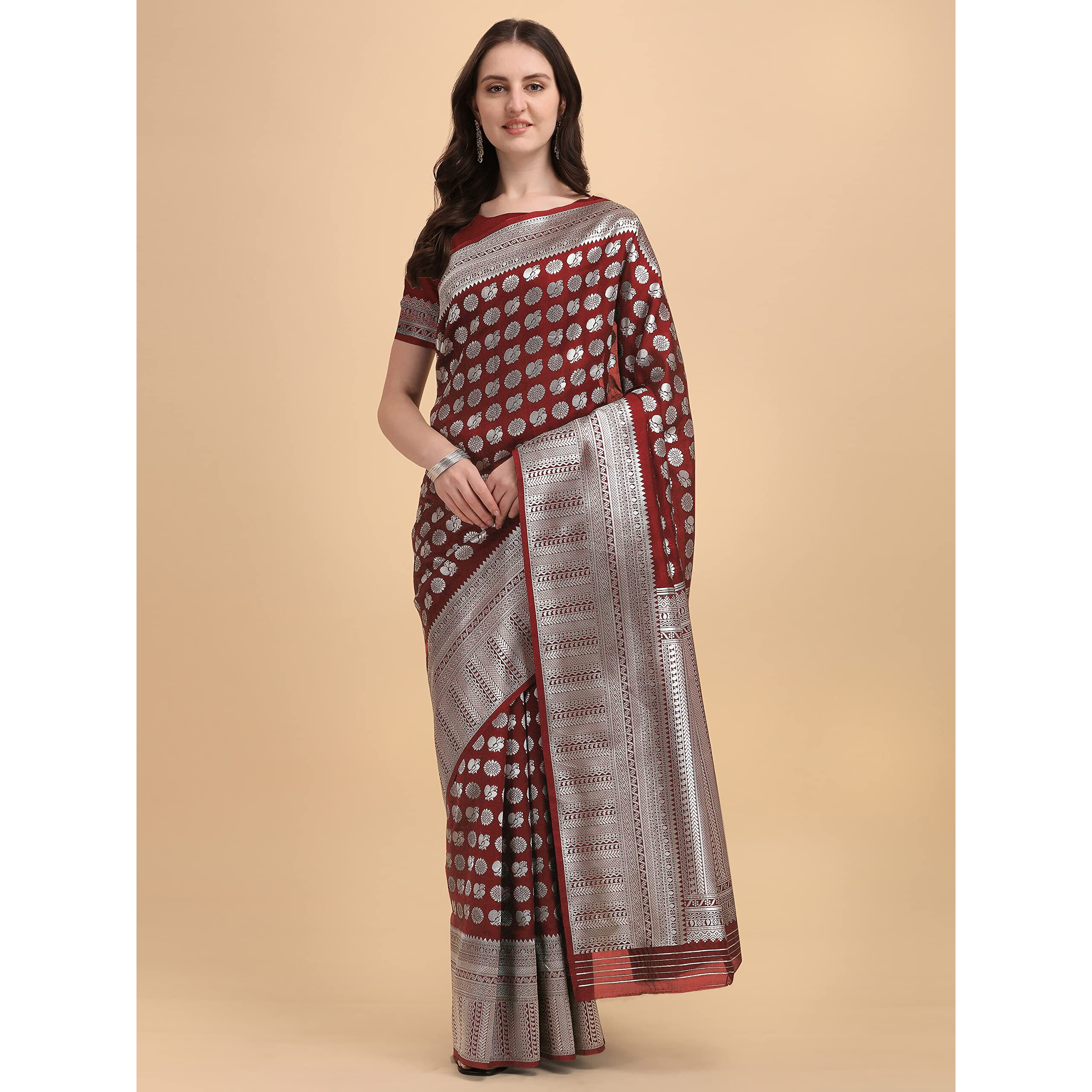 Jaanvi Fashion Womens Banarasi Silk Saree With Blouse Piece (Bella-Maroon-Saree-03_Persian Maroon)