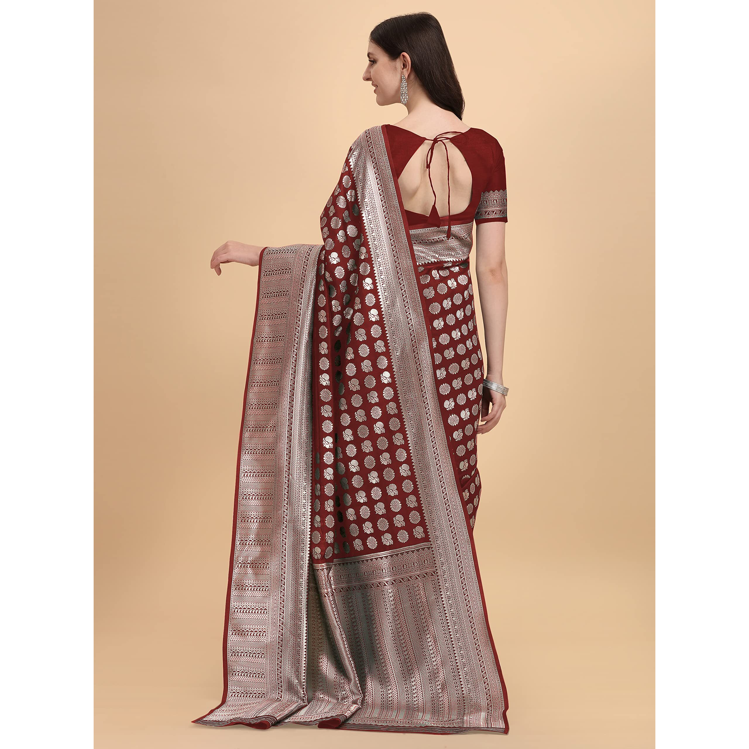 Jaanvi Fashion Womens Banarasi Silk Saree With Blouse Piece (Bella-Maroon-Saree-03_Persian Maroon)