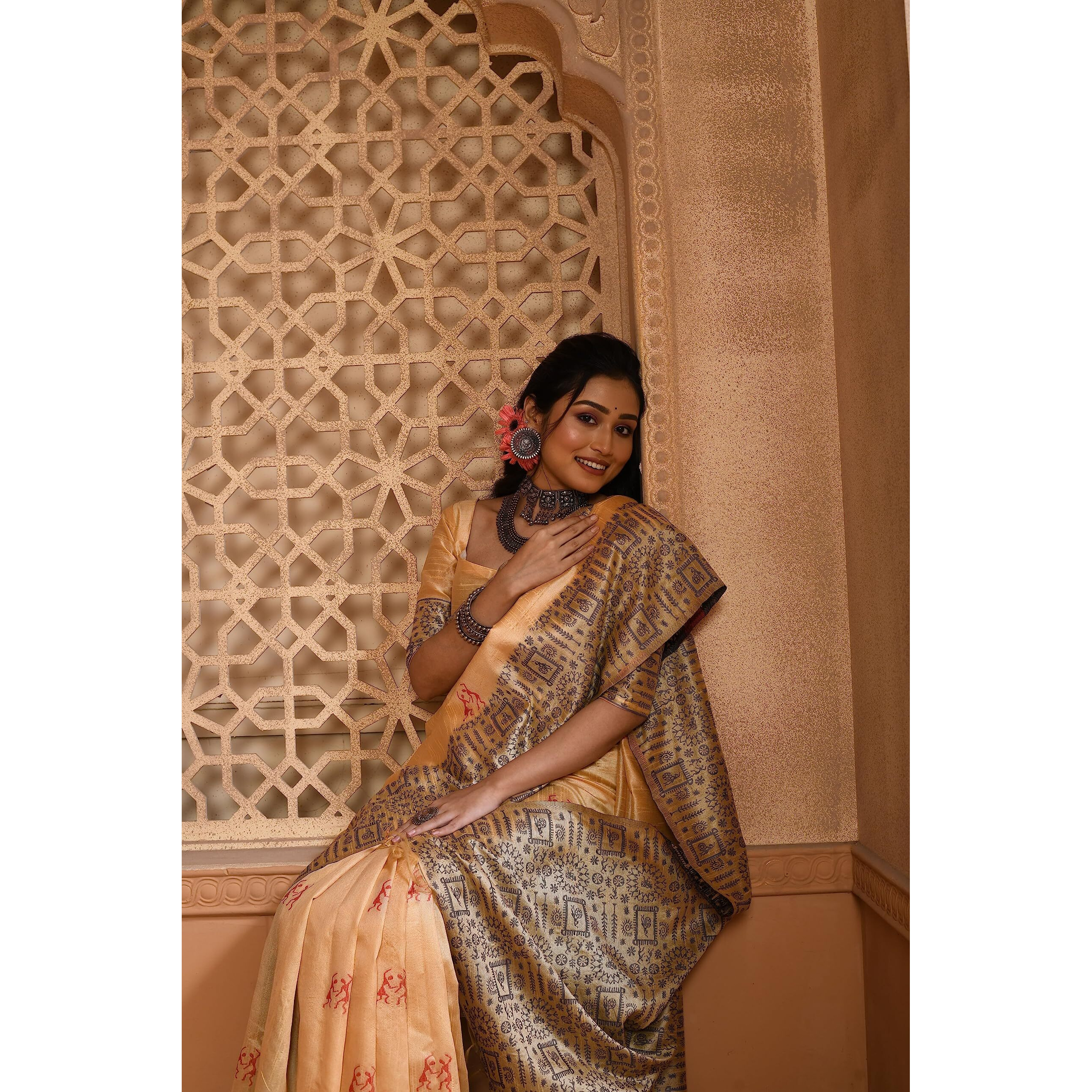 NK Textiles Womens Warli/Tribal Design Thread Woven Handloom Raw Silk Saree With Tassels (20 Designs & Colors), Golden