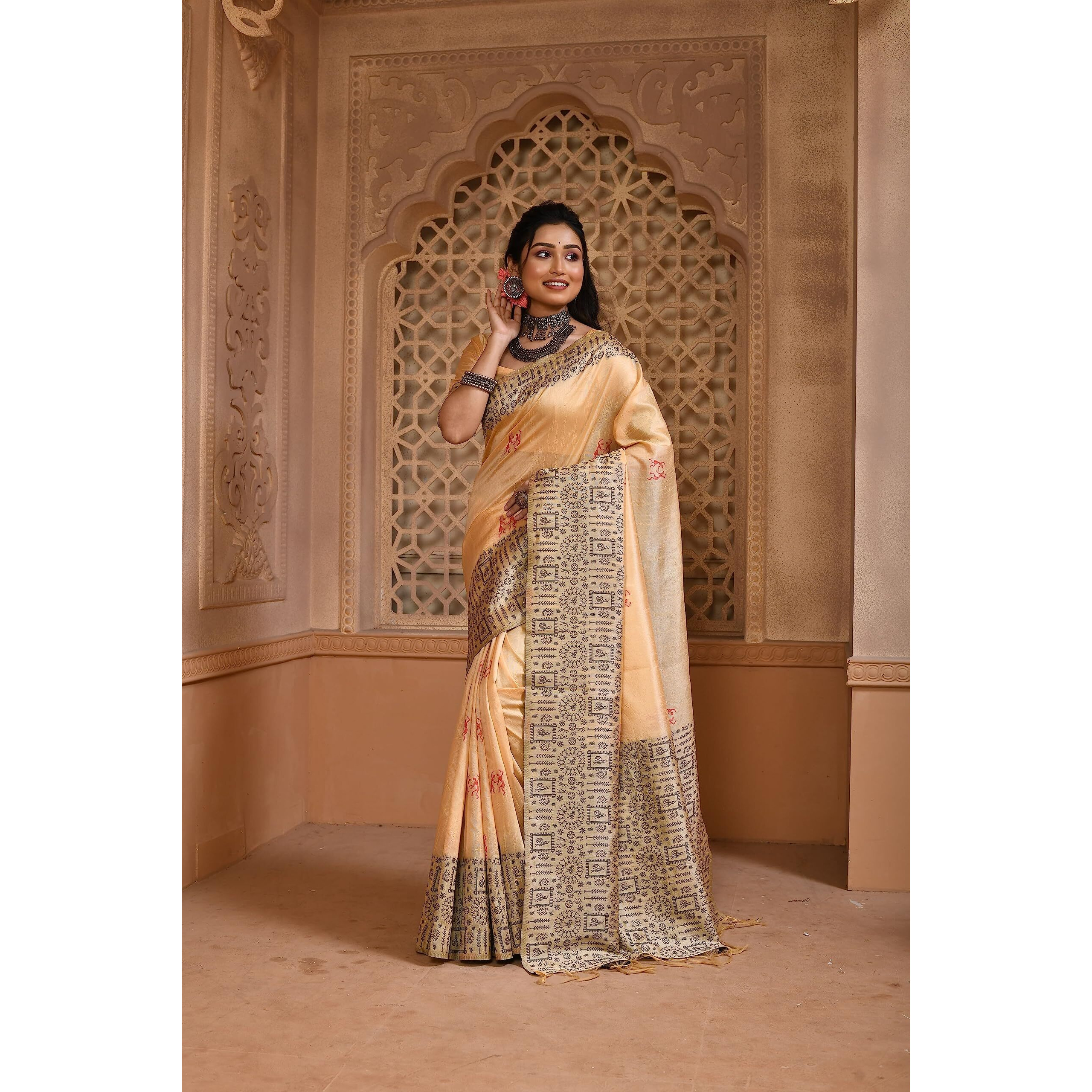NK Textiles Womens Warli/Tribal Design Thread Woven Handloom Raw Silk Saree With Tassels (20 Designs & Colors), Golden