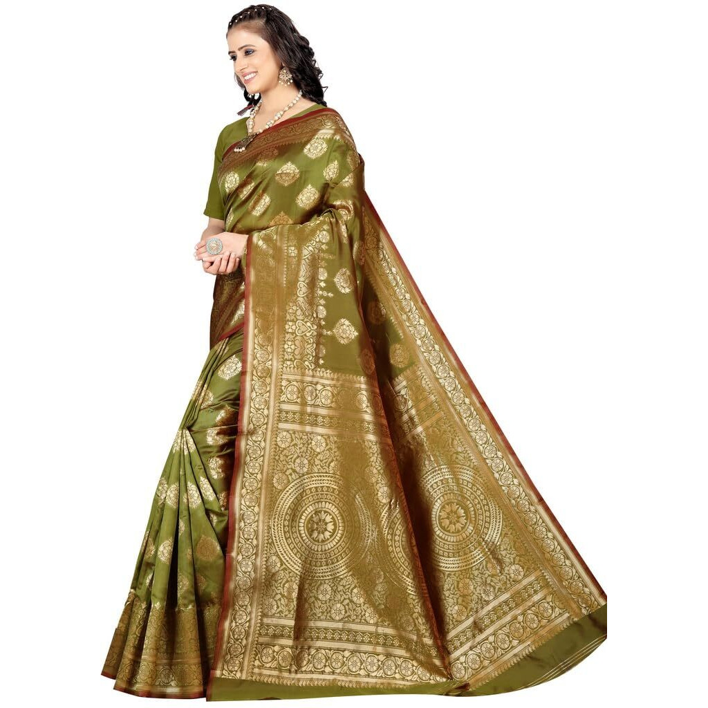Sugathari Womens Banarasi Saree Pure Kanjivaram Silk Saree Soft new ladies 2023 Design Wear Pattu Sarees Latest Cotton Party Sari collections With Blouse Piece for Wedding sadi (SAM PARI S-3 MEHNDI)