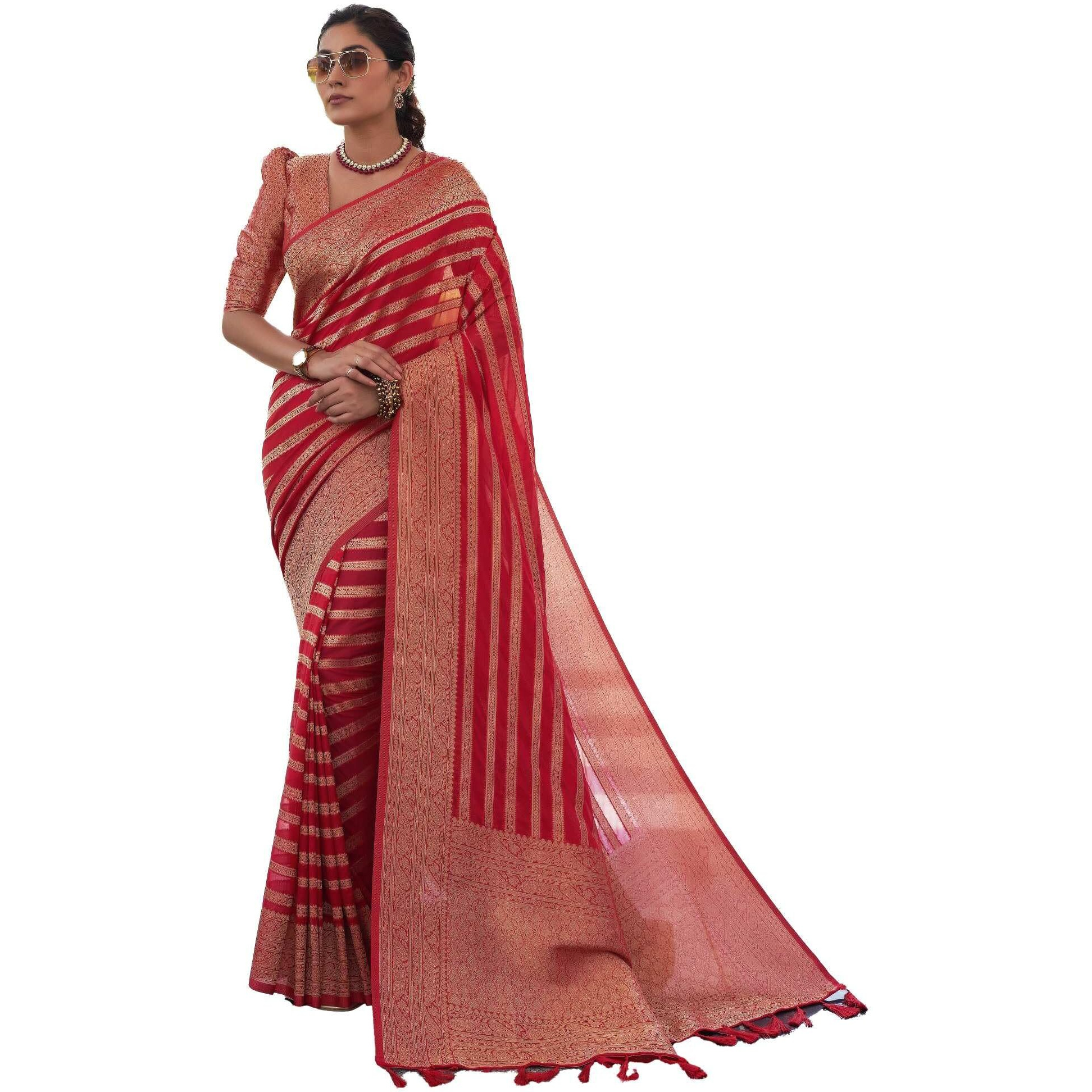 Vardha Womens Banarasi Georgette Saree with Unstitched Blouse Piece - Gold Zari Woven Work Sarees for Wedding (Vritika_672)