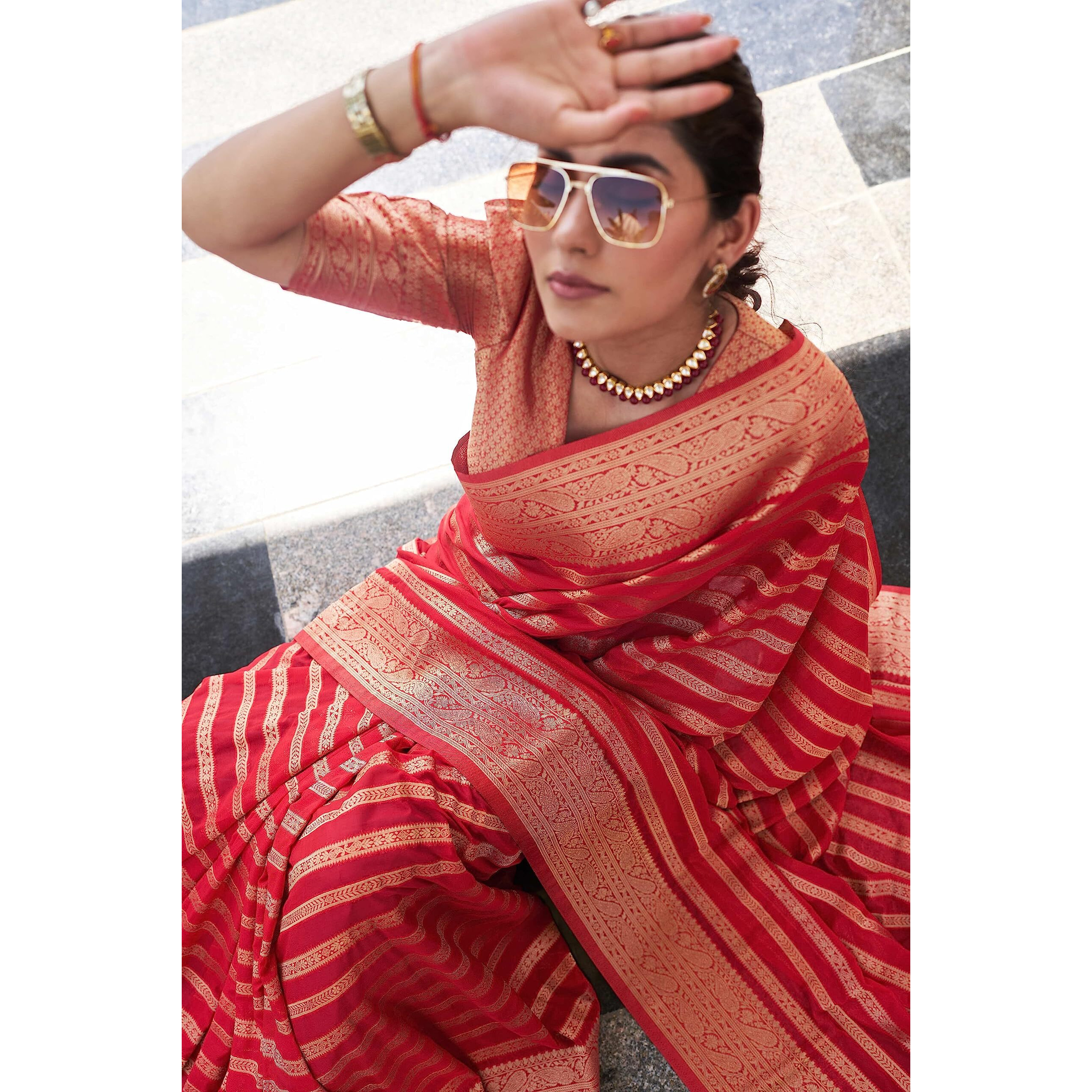 Vardha Womens Banarasi Georgette Saree with Unstitched Blouse Piece - Gold Zari Woven Work Sarees for Wedding (Vritika_672)
