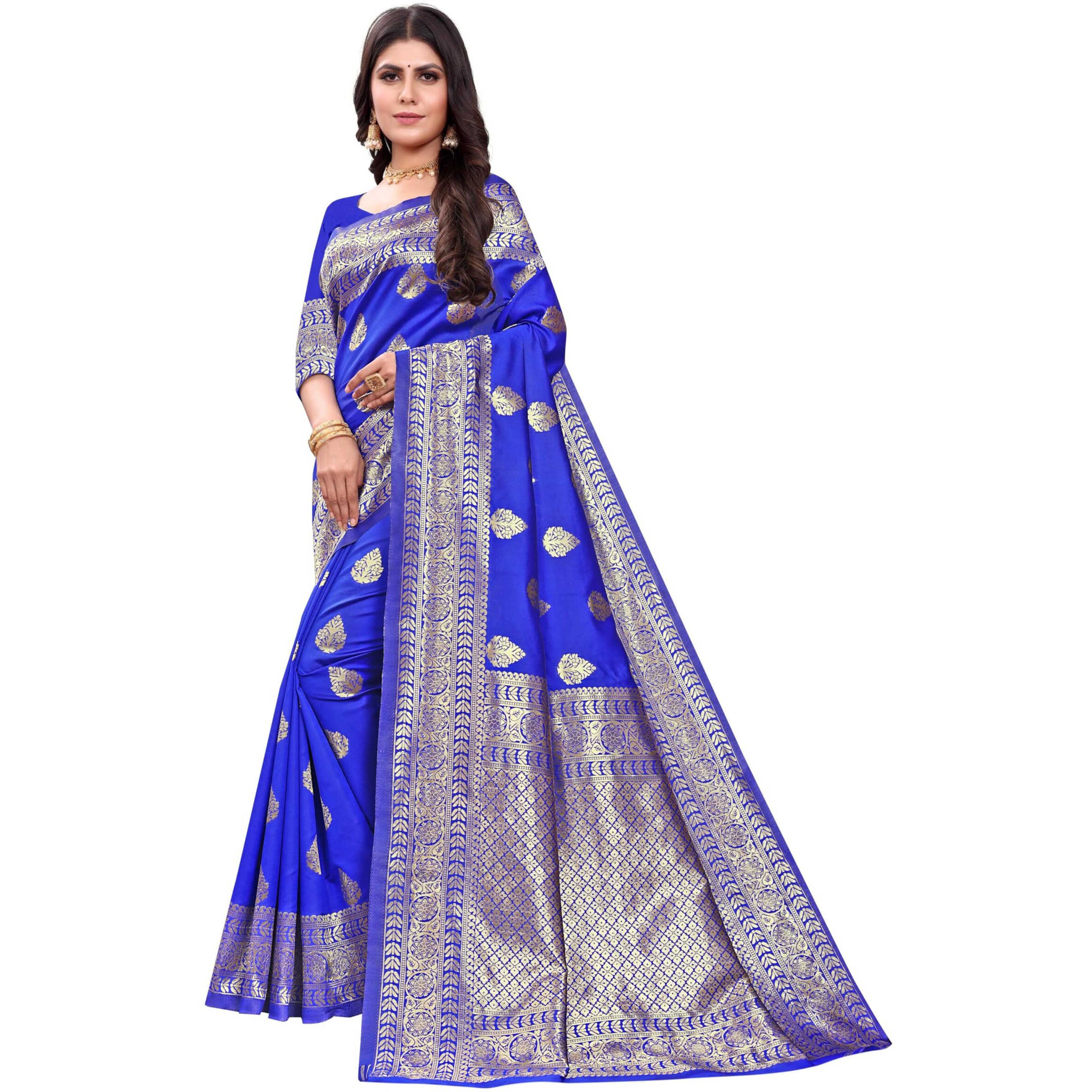 Sugathari Womens Banarasi Saree Pure Kanjivaram Silk Saree Soft new ladies 2023 Design Wear Sarees Latest Cotton Party Sari collections With Blouse Piece for Wedding sadi (SAM PARI-120 ROYALBLUE)