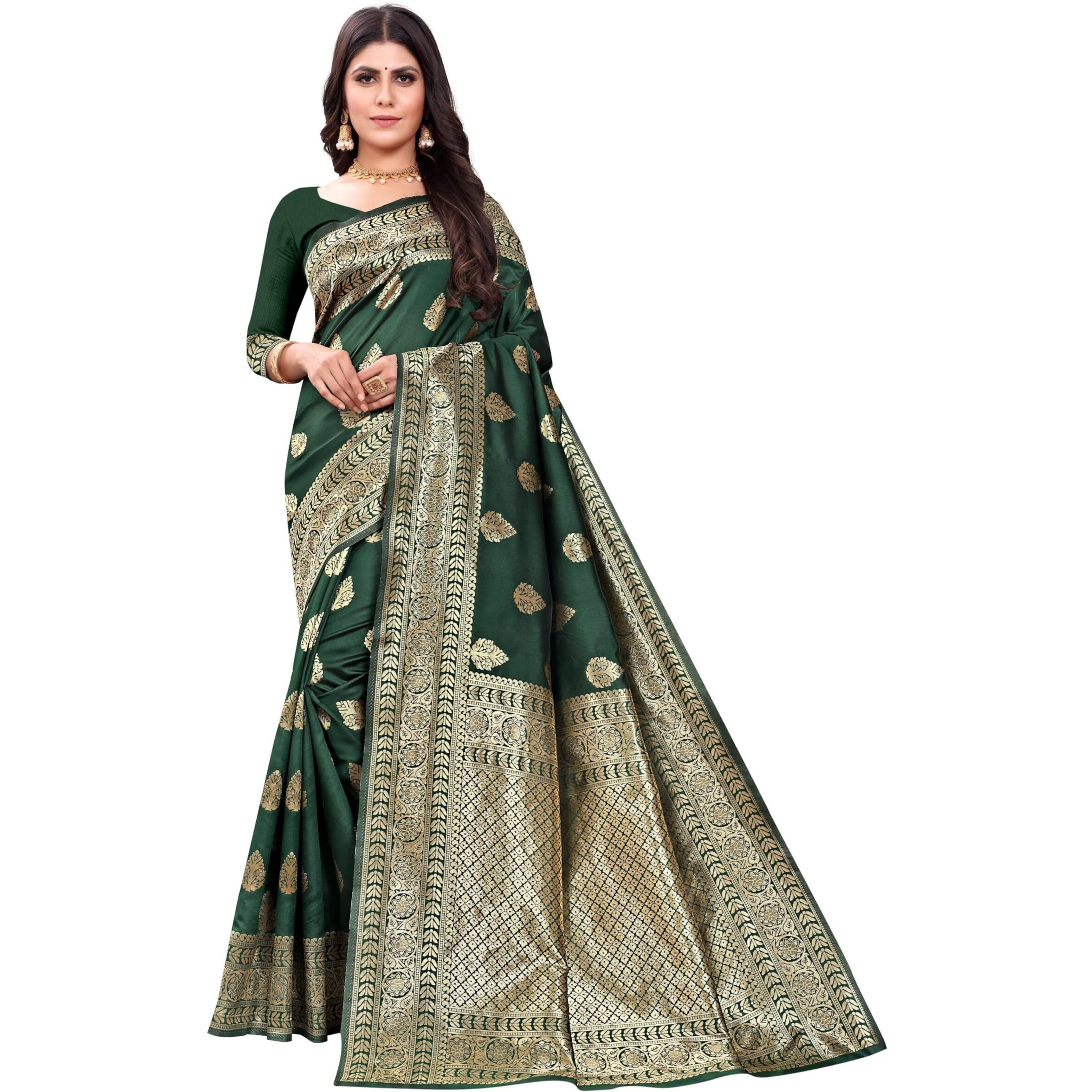 Sugathari Womens Banarasi Saree Pure Kanjivaram Silk Saree Soft new ladies 2023 Design Wear Sarees Latest Cotton Party Sari collections With Blouse Piece for Wedding sadi (SAM PARI-120 DARK GREEN)
