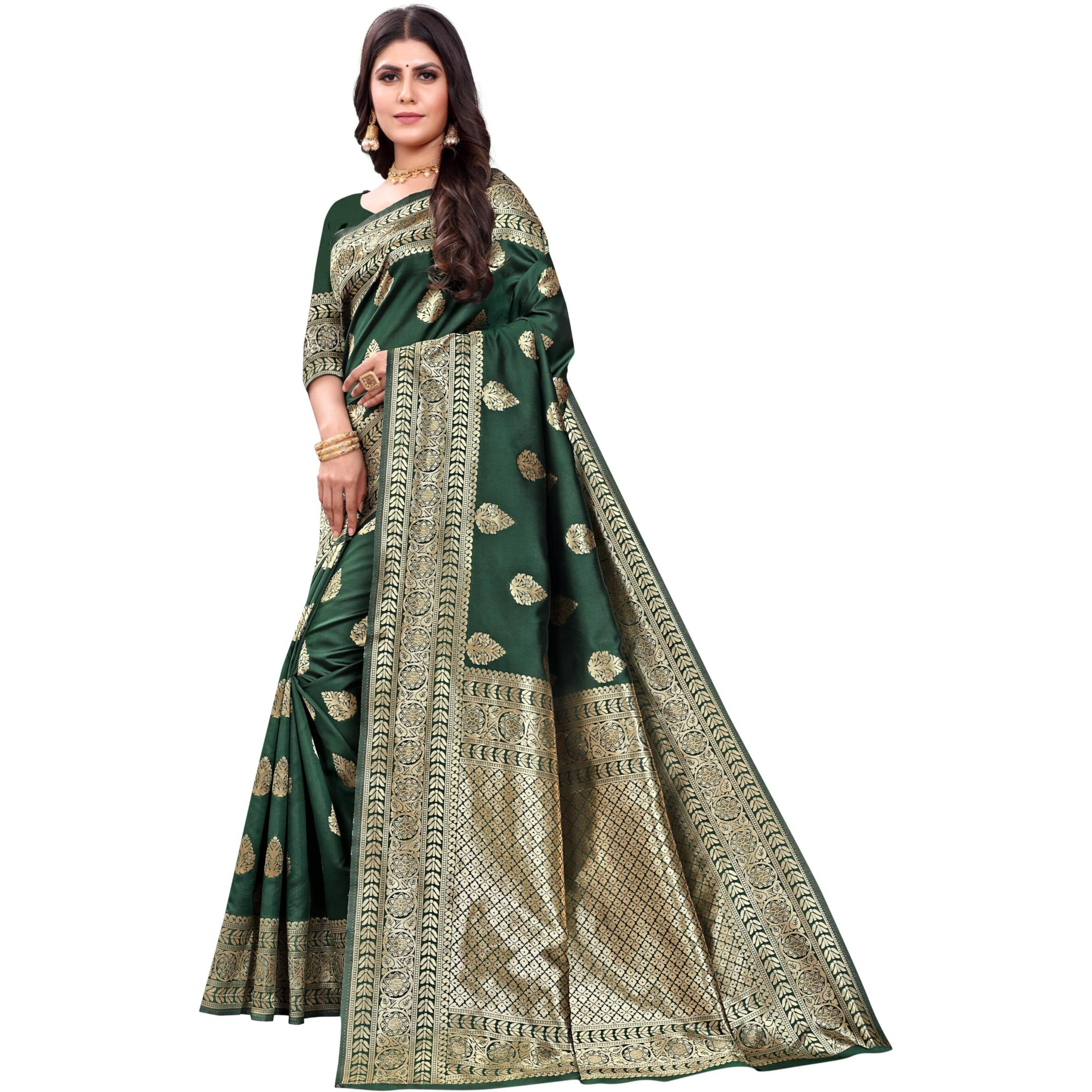 Sugathari Womens Banarasi Saree Pure Kanjivaram Silk Saree Soft new ladies 2023 Design Wear Sarees Latest Cotton Party Sari collections With Blouse Piece for Wedding sadi (SAM PARI-120 DARK GREEN)