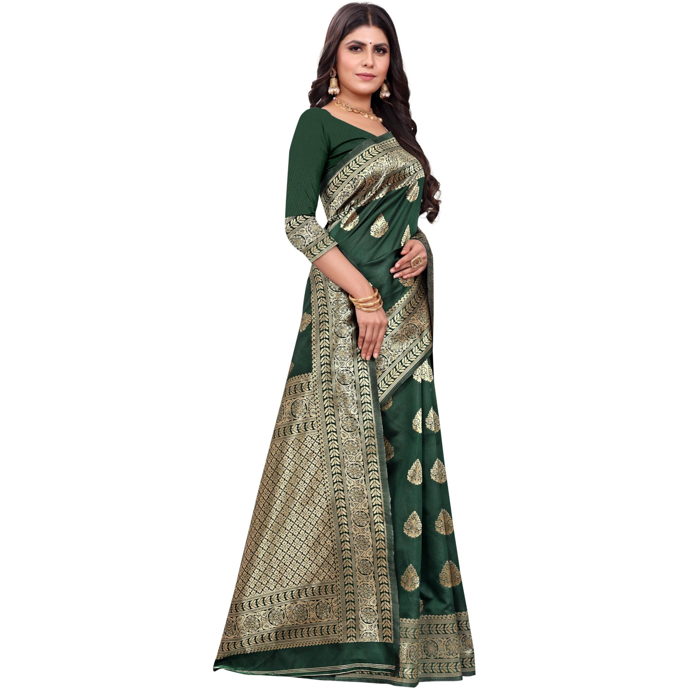 Sugathari Womens Banarasi Saree Pure Kanjivaram Silk Saree Soft new ladies 2023 Design Wear Sarees Latest Cotton Party Sari collections With Blouse Piece for Wedding sadi (SAM PARI-120 DARK GREEN)