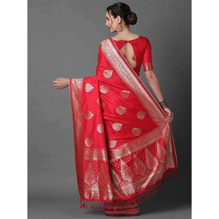 Leriya Fashion Womens Present Banarasi Soft Lichi Silk Saree | Jacquard Rich Pallu Design | Golden saree for women | Cotton silk saree for women (Red)