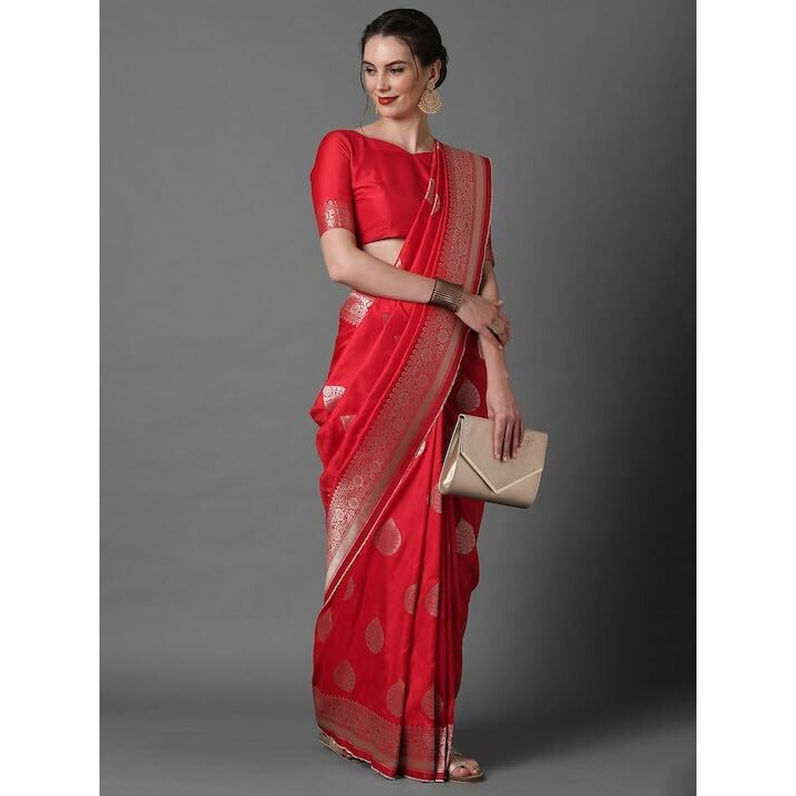 Leriya Fashion Womens Present Banarasi Soft Lichi Silk Saree | Jacquard Rich Pallu Design | Golden saree for women | Cotton silk saree for women (Red)