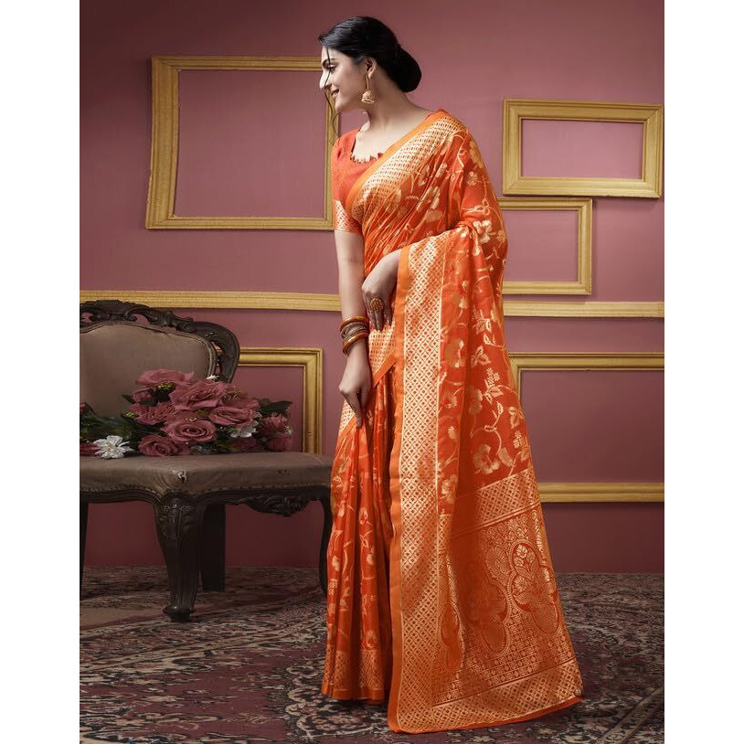 SIRIL Womens Art Silk Jacquard Saree With Unstitched Blouse Piece (3581S178_Orange)