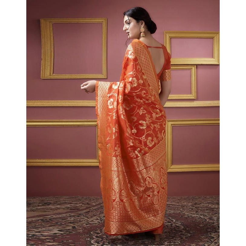 SIRIL Womens Art Silk Jacquard Saree With Unstitched Blouse Piece (3581S178_Orange)
