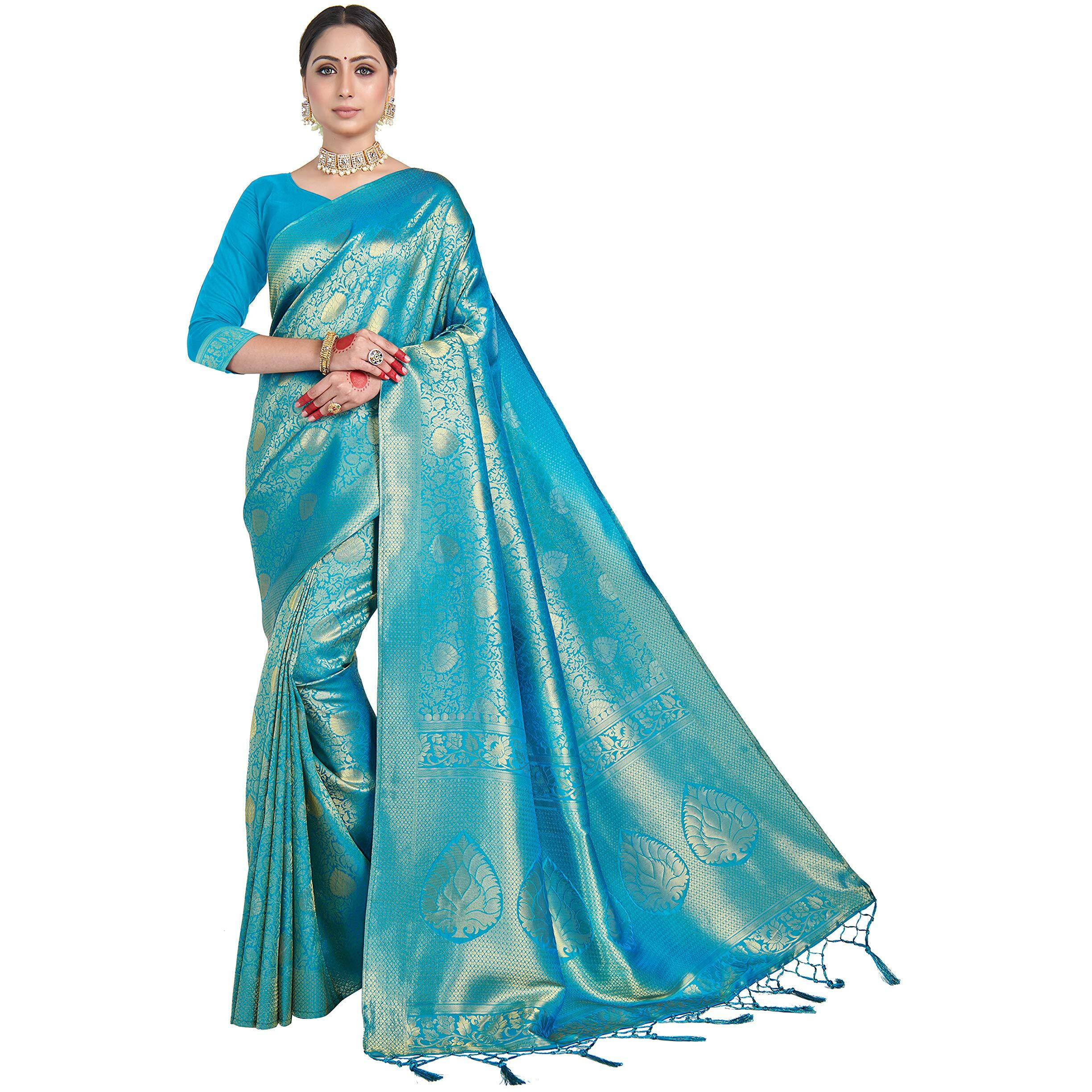 Vardha Womens Kanchipuram Raw Silk Saree with Unstitched Blouse Piece - Zari Woven Work Sarees for Wedding (Kanjivaram, 161, Teal Blue)