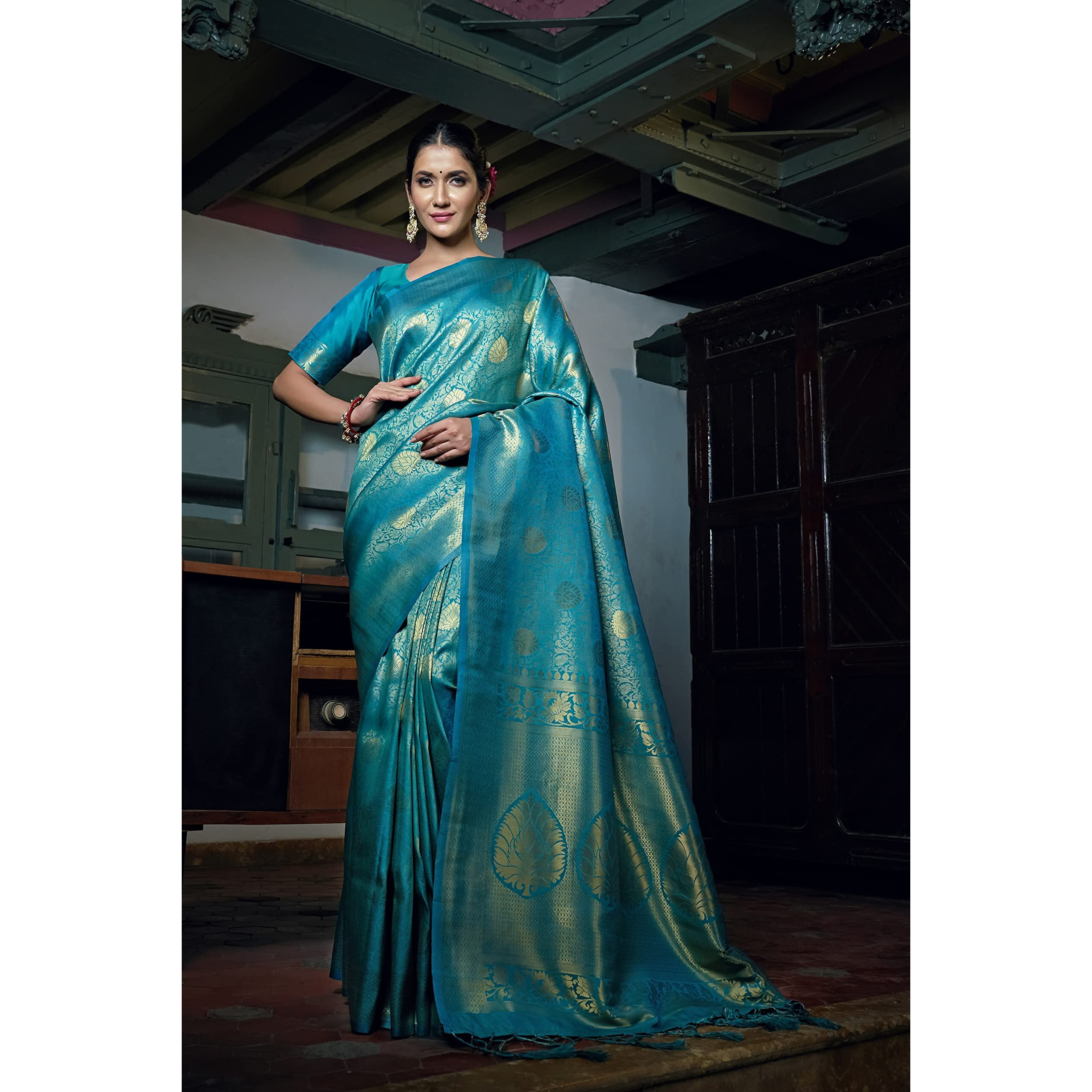 Vardha Womens Kanchipuram Raw Silk Saree with Unstitched Blouse Piece - Zari Woven Work Sarees for Wedding (Kanjivaram, 161, Teal Blue)