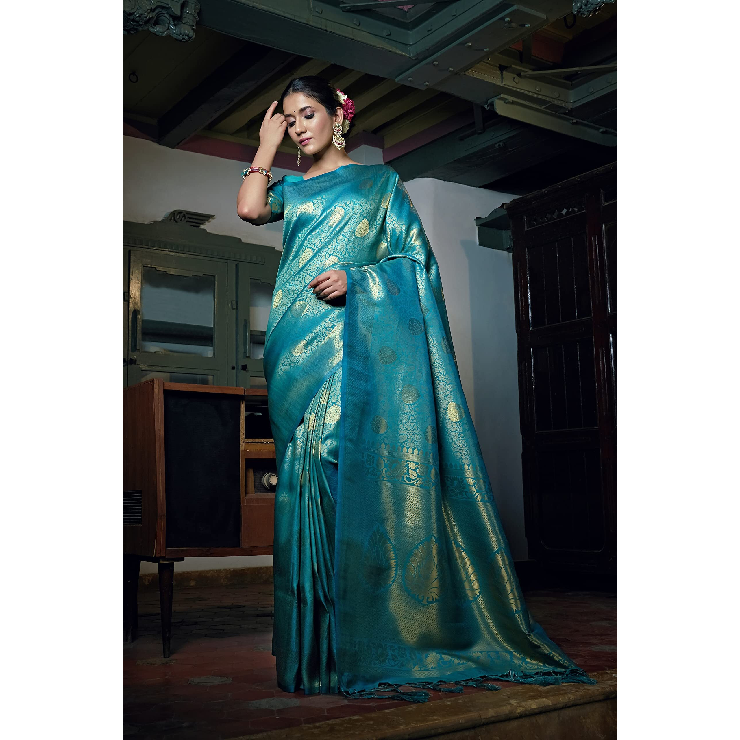 Vardha Womens Kanchipuram Raw Silk Saree with Unstitched Blouse Piece - Zari Woven Work Sarees for Wedding (Kanjivaram, 161, Teal Blue)