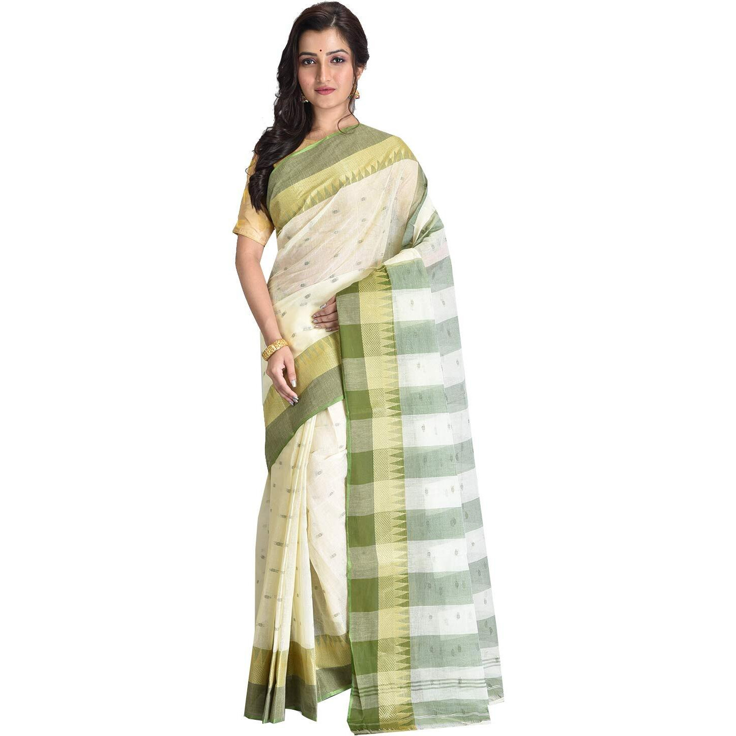 Raj Sarees Womens Traditional Pure Cotton Bengali Handloom Tant Saree without Blouse Piece - (Off-White & Pista)