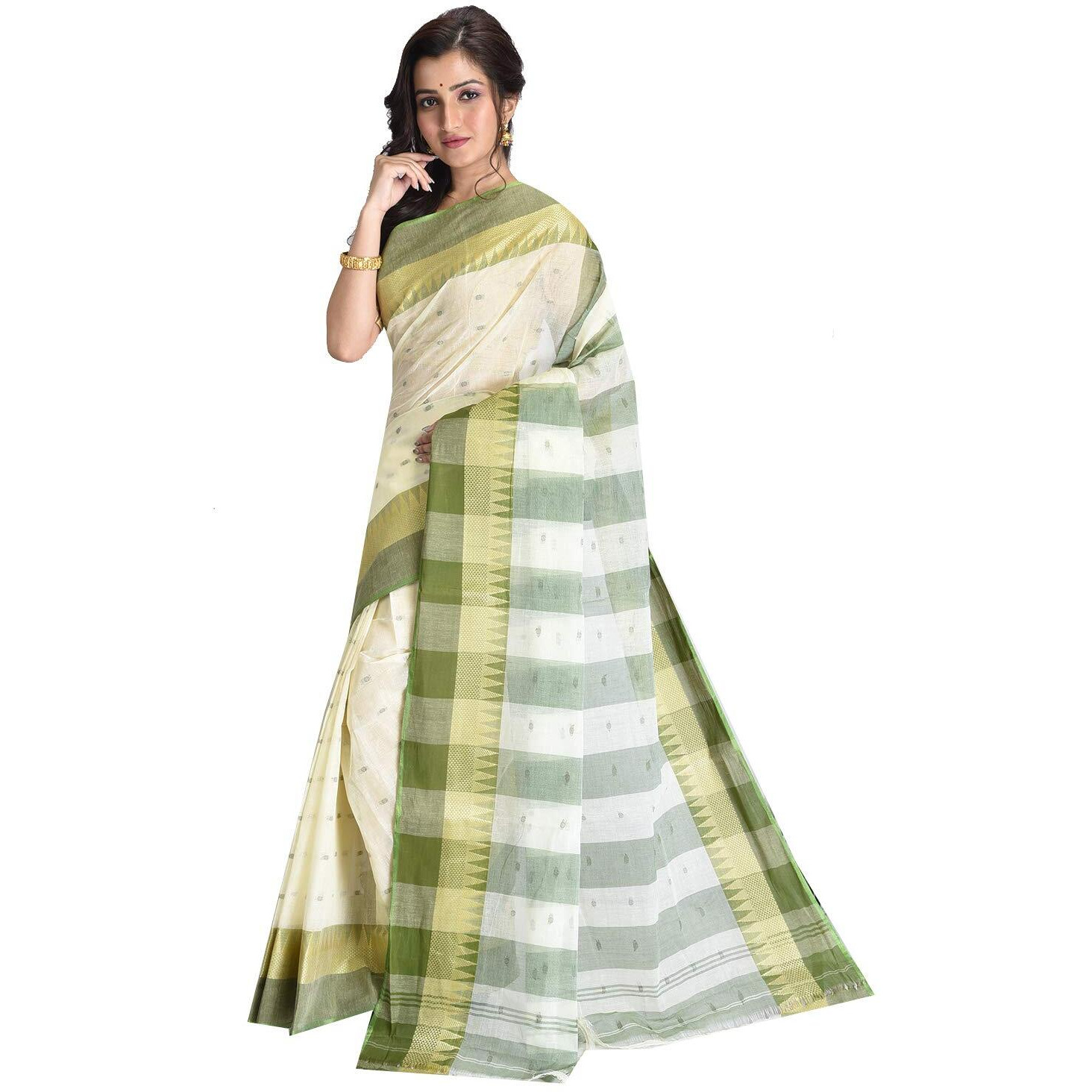 Raj Sarees Womens Traditional Pure Cotton Bengali Handloom Tant Saree without Blouse Piece - (Off-White & Pista)