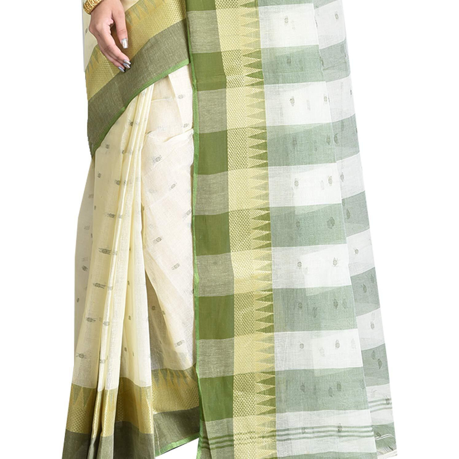 Raj Sarees Womens Traditional Pure Cotton Bengali Handloom Tant Saree without Blouse Piece - (Off-White & Pista)