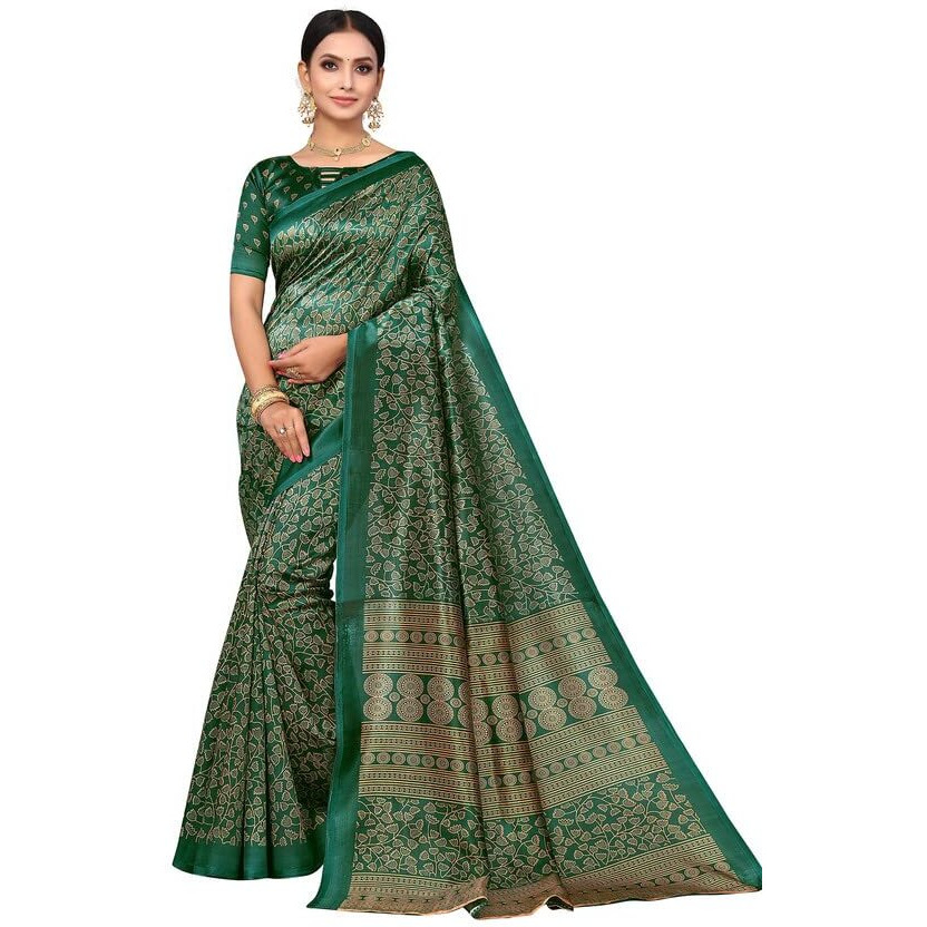 SIRIL Womens Printed Poly Silk Saree with Unstitched Blouse Piece(2810S2058A_Green2)