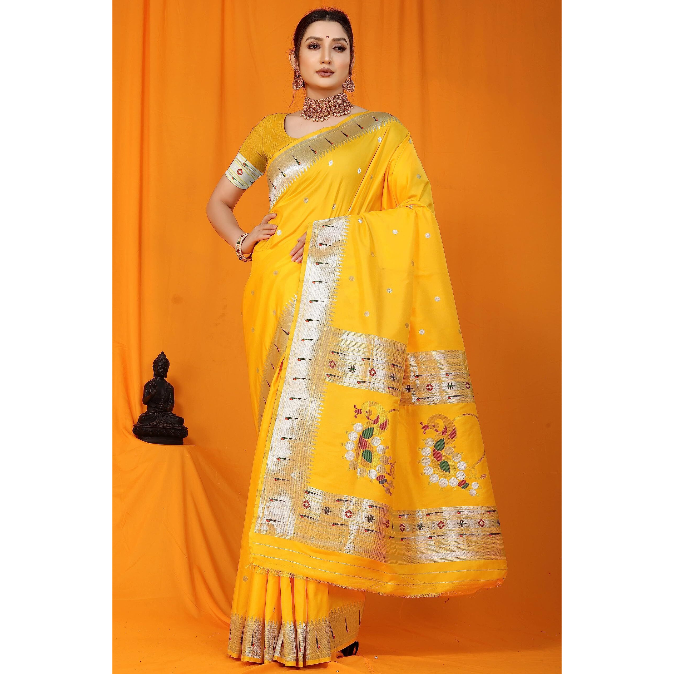 SGF11 Womens Paithani Kanjivaram Pure Silk Handloom Saree Pure Silver Zari With Blouse Piece (Yellow)