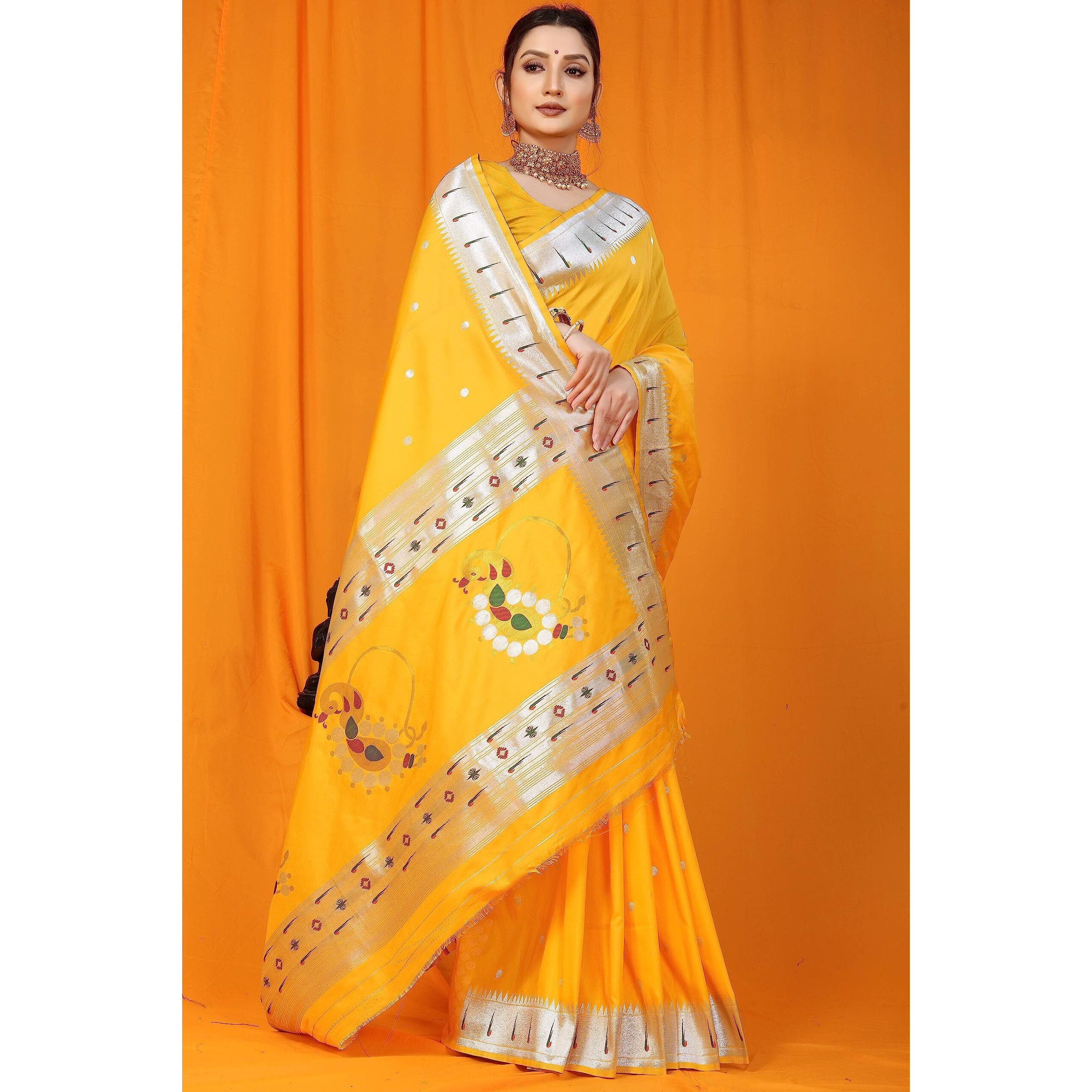 SGF11 Womens Paithani Kanjivaram Pure Silk Handloom Saree Pure Silver Zari With Blouse Piece (Yellow)