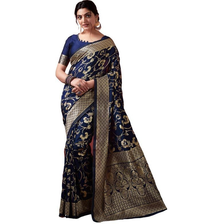 SIRIL Womens Art Silk Jacquard Saree With Unstitched Blouse Piece (3581S175_Dark Blue)