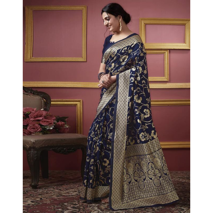 SIRIL Womens Art Silk Jacquard Saree With Unstitched Blouse Piece (3581S175_Dark Blue)