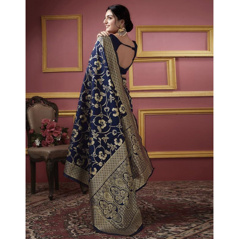 SIRIL Womens Art Silk Jacquard Saree With Unstitched Blouse Piece (3581S175_Dark Blue)