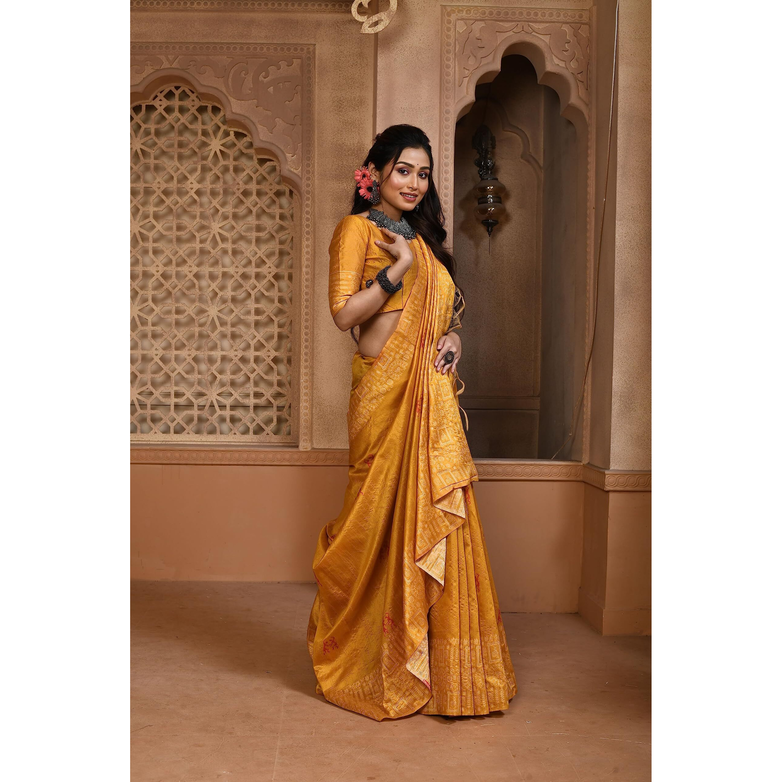 NK Textiles Womens Warli/Tribal Design Thread Woven Handloom Raw Silk Saree with Tassels (20 DESIGNS & COLORS)