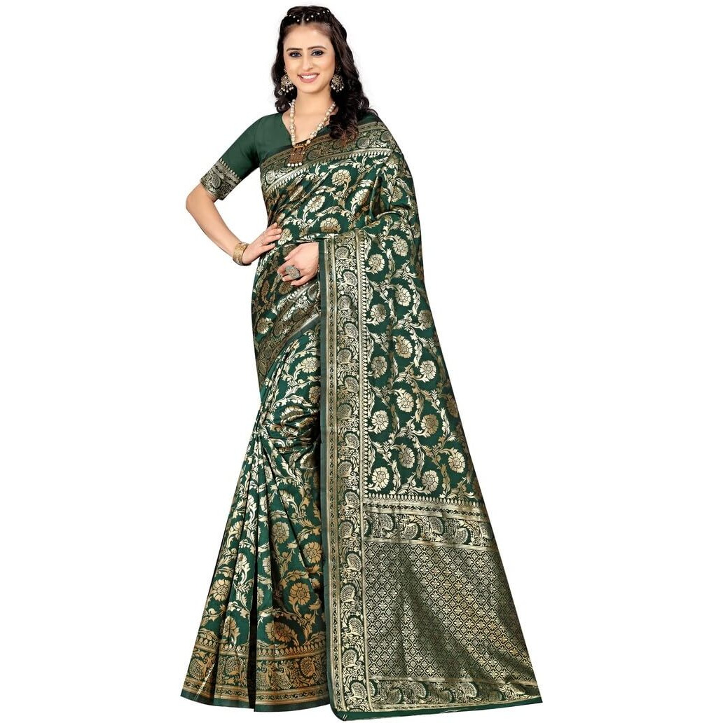 Sugathari Womens Banarasi Saree Pure Kanjivaram Silk Saree Soft new ladies 2023 Design Wear Pattu Sarees Latest Party Sari collections With Blouse Piece for Wedding sadi (SAM PARI-164 DARK GREEN)