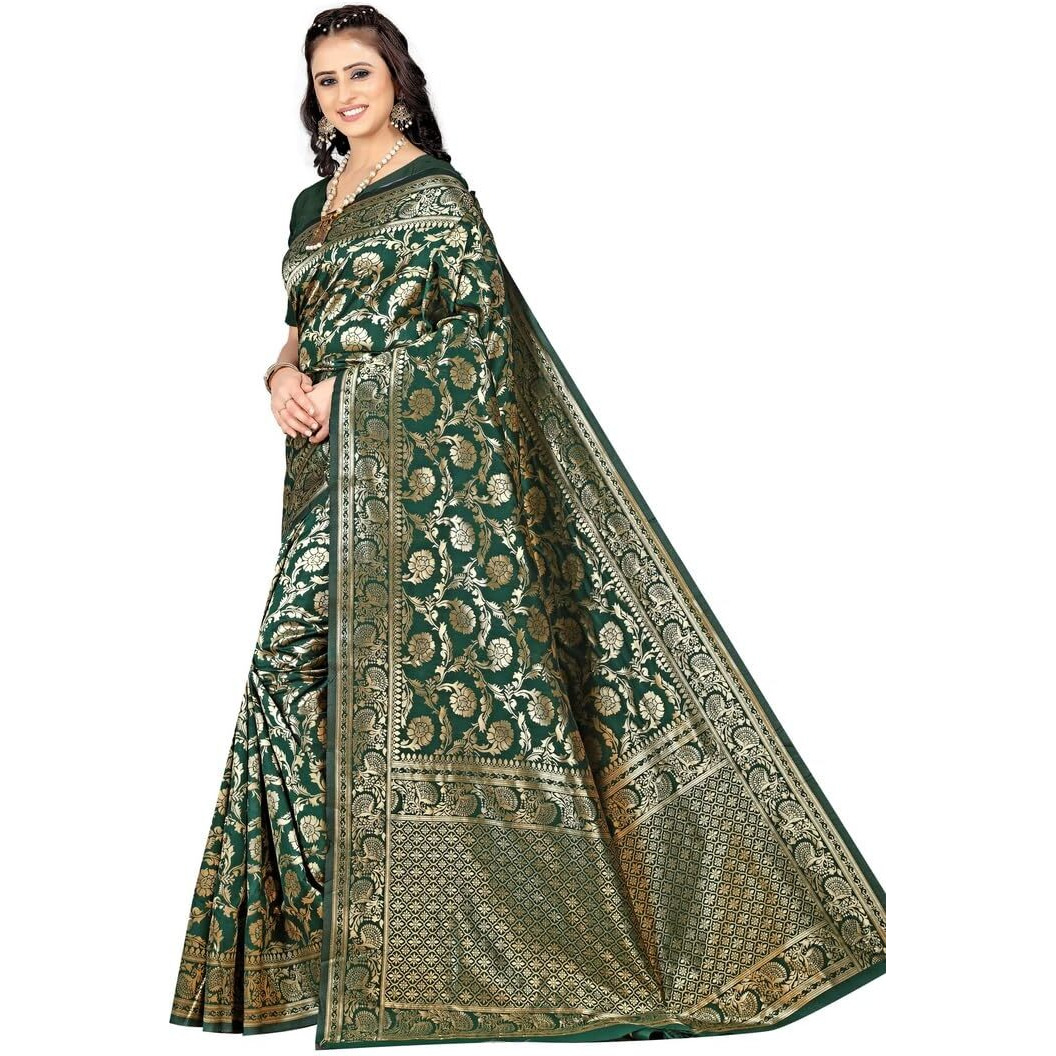 Sugathari Womens Banarasi Saree Pure Kanjivaram Silk Saree Soft new ladies 2023 Design Wear Pattu Sarees Latest Party Sari collections With Blouse Piece for Wedding sadi (SAM PARI-164 DARK GREEN)
