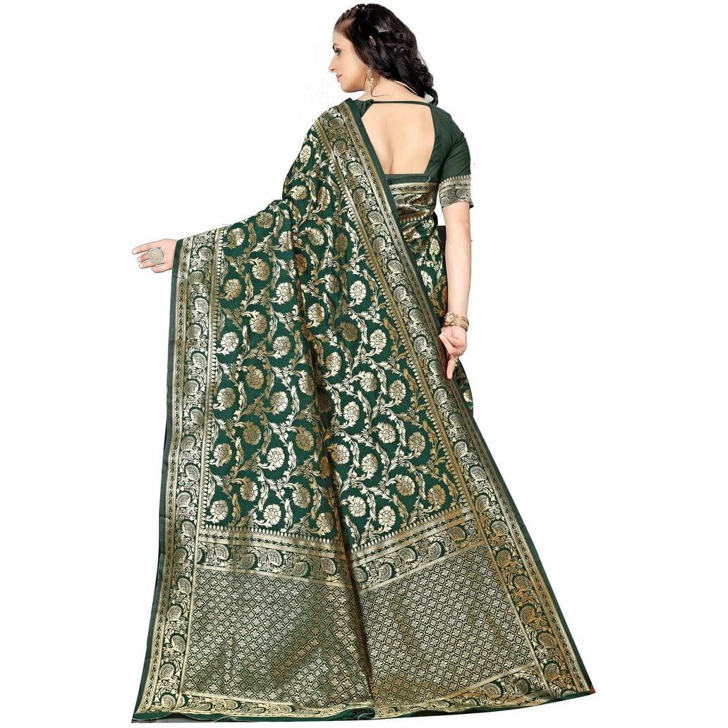 Sugathari Womens Banarasi Saree Pure Kanjivaram Silk Saree Soft new ladies 2023 Design Wear Pattu Sarees Latest Party Sari collections With Blouse Piece for Wedding sadi (SAM PARI-164 DARK GREEN)