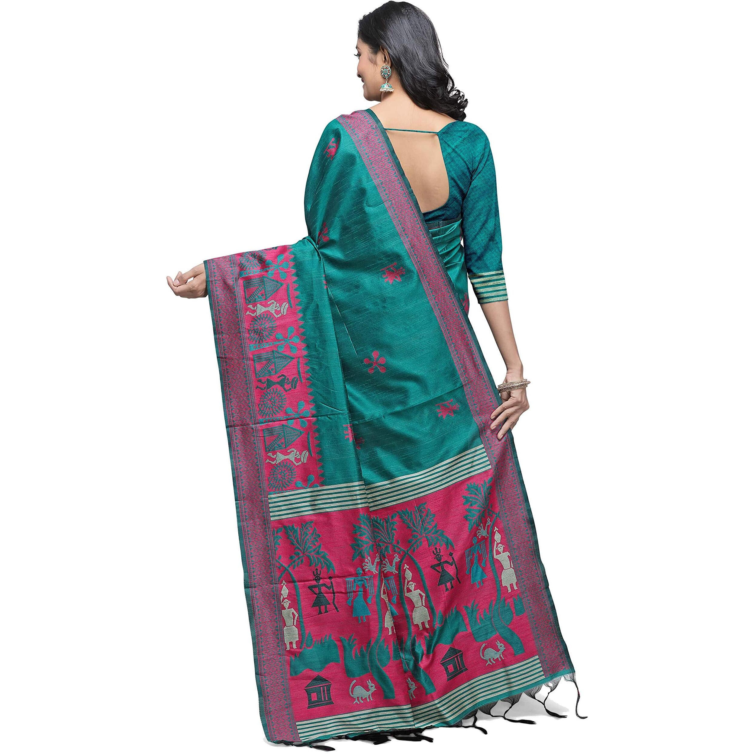 NK Textiles Womens Woven Silk Saree With Blouse Piece (C5ISH1005_ Teal Green)