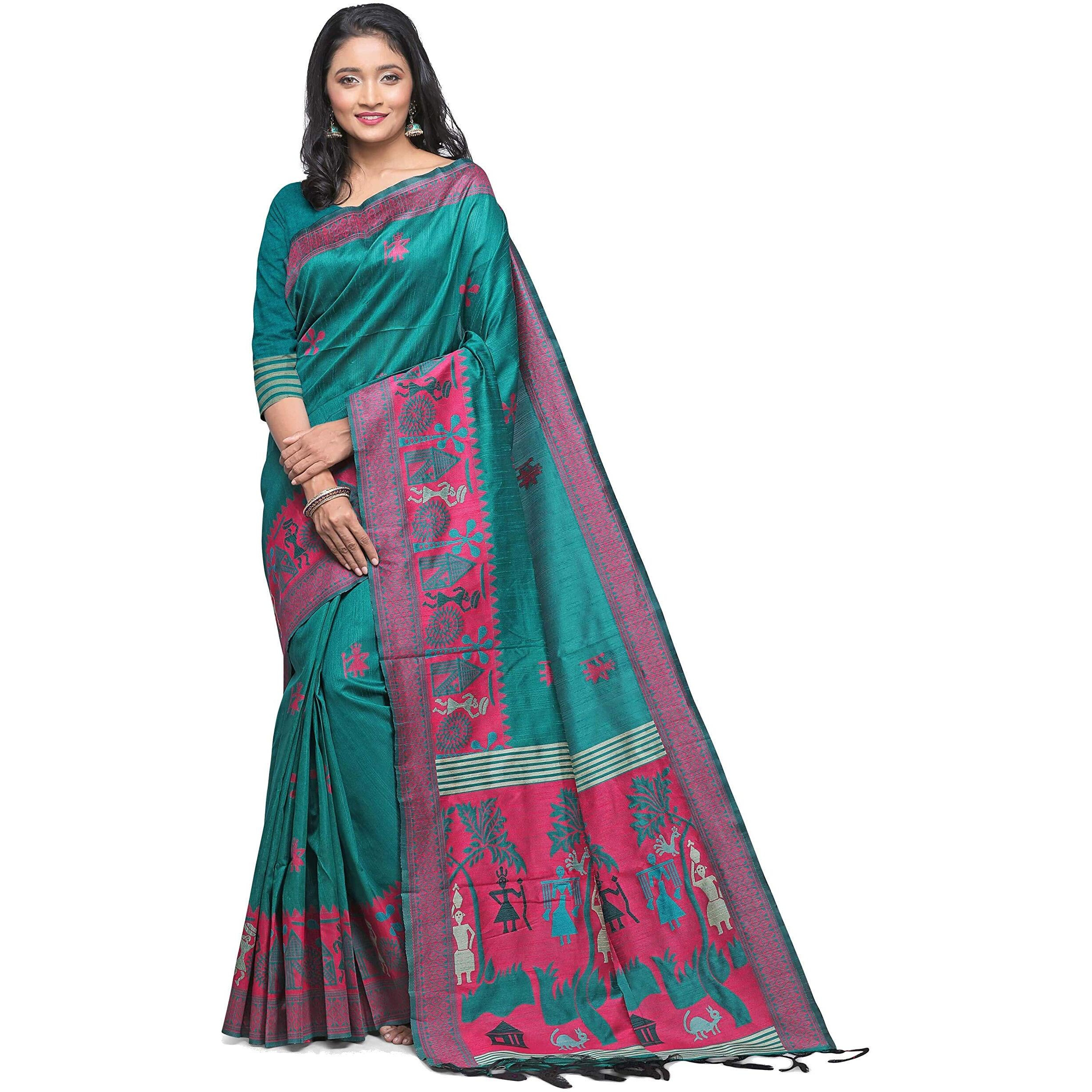 NK Textiles Womens Woven Silk Saree With Blouse Piece (C5ISH1005_ Teal Green)