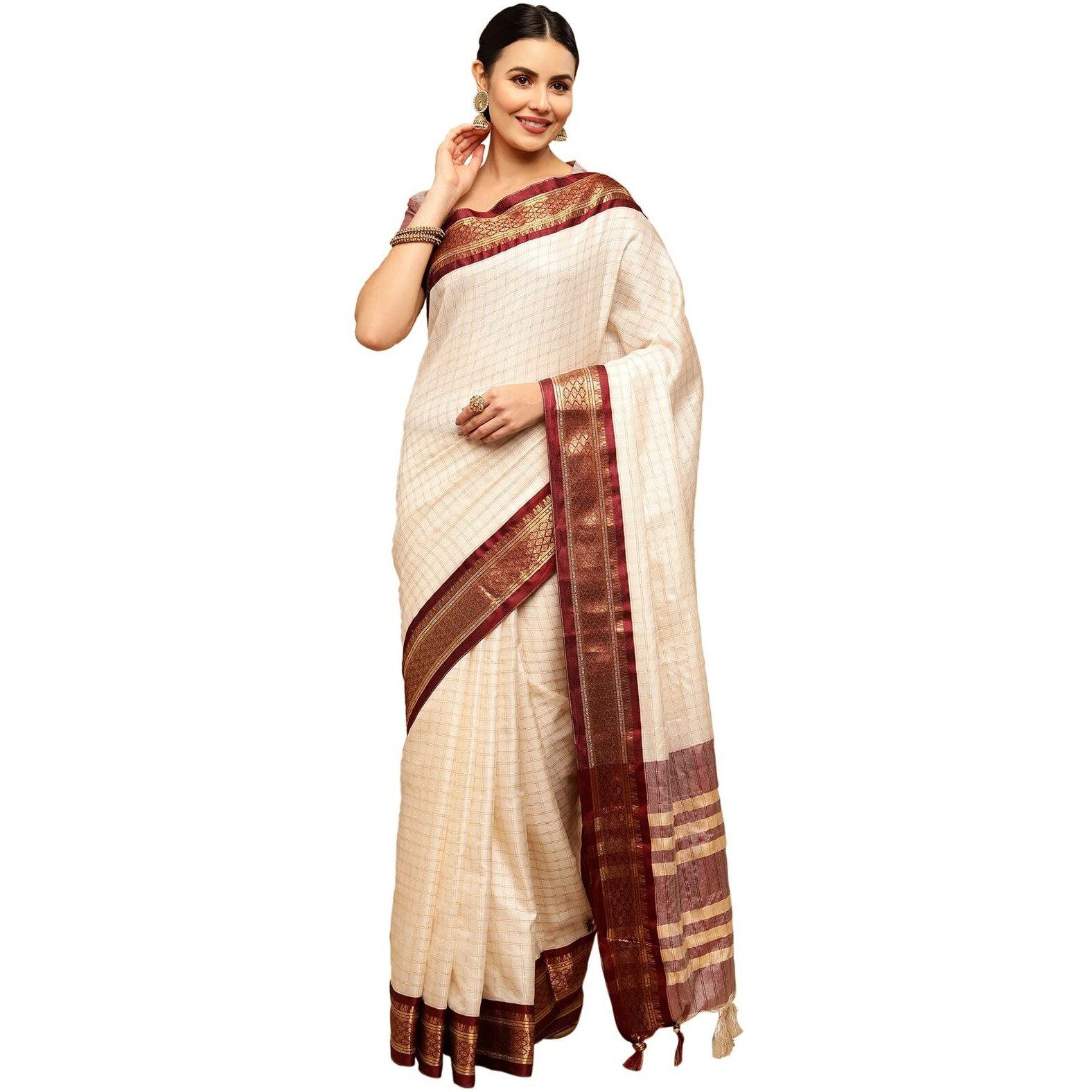 Satrani Womens Woven Silk Blend Saree (2347S252NA_Off White2)