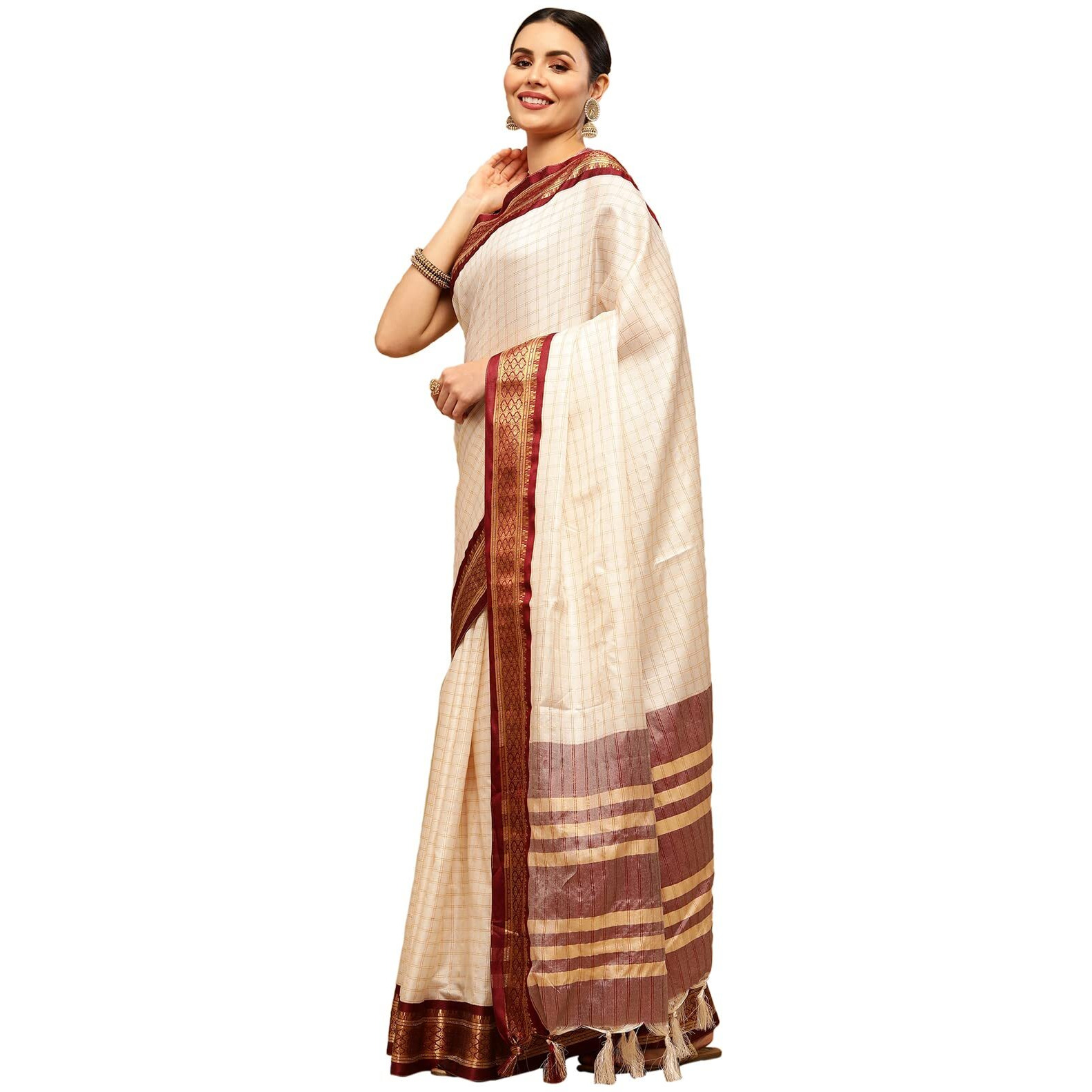 Satrani Womens Woven Silk Blend Saree (2347S252NA_Off White2)