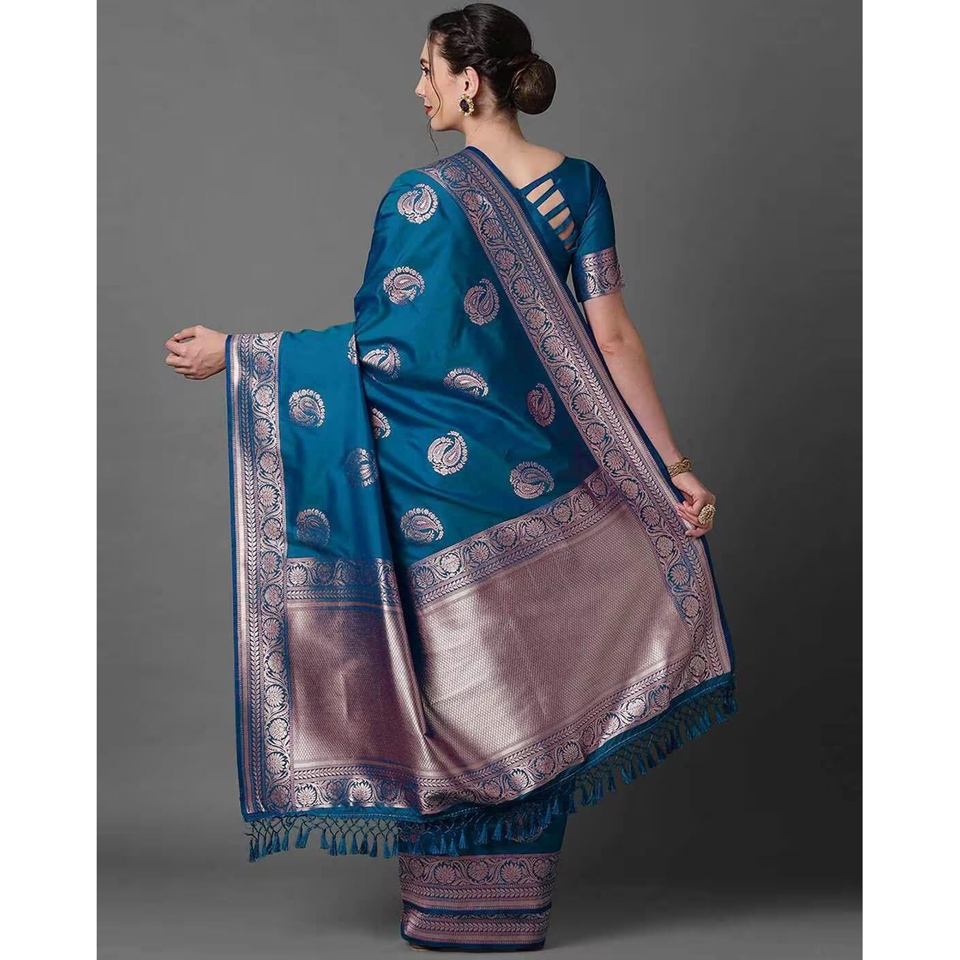 Leriya Fashion Womens Present Banarasi Soft Lichi Silk Saree | Jacquard Rich Pallu Design | Golden saree for women | Cotton silk saree for women (Blue)