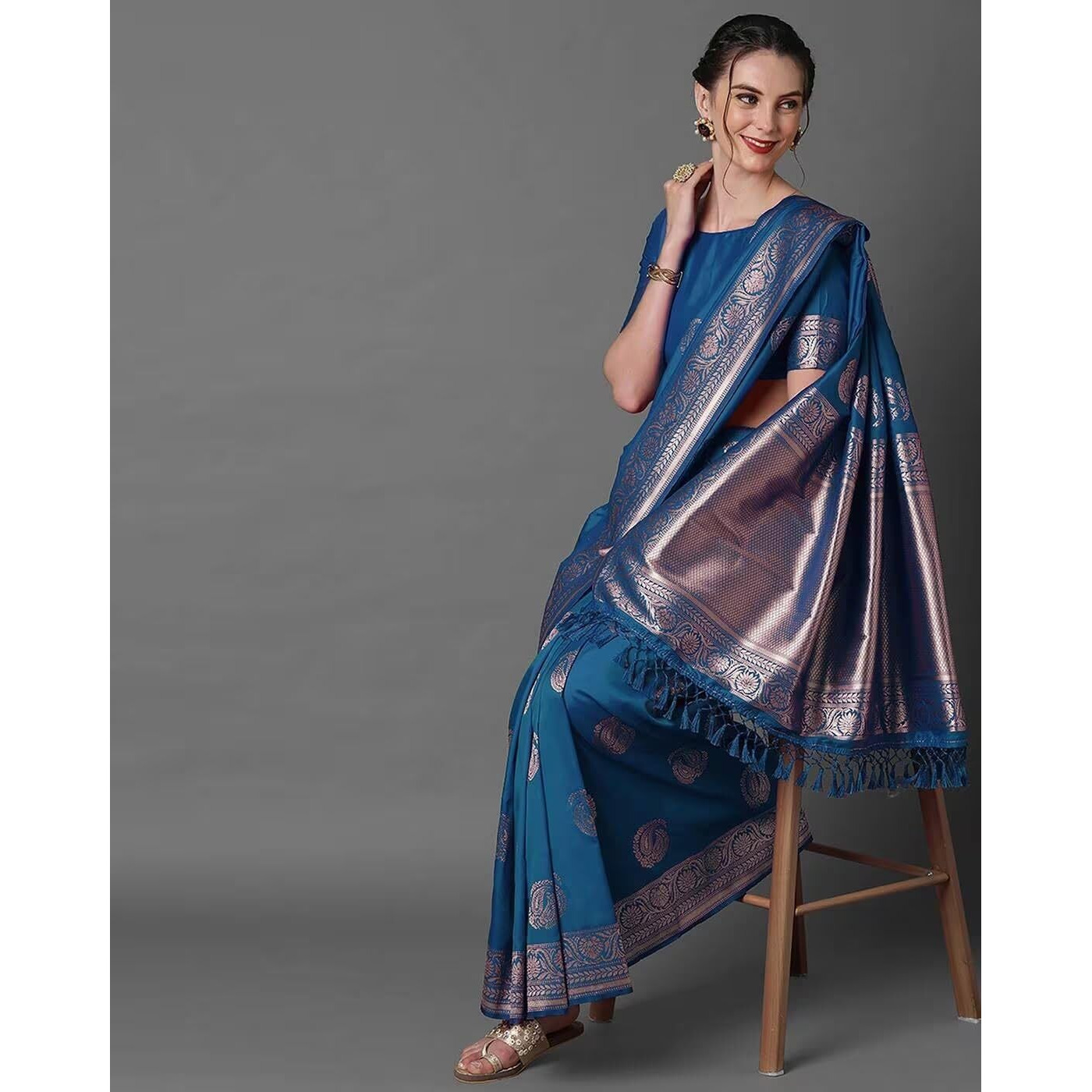 Leriya Fashion Womens Present Banarasi Soft Lichi Silk Saree | Jacquard Rich Pallu Design | Golden saree for women | Cotton silk saree for women (Blue)