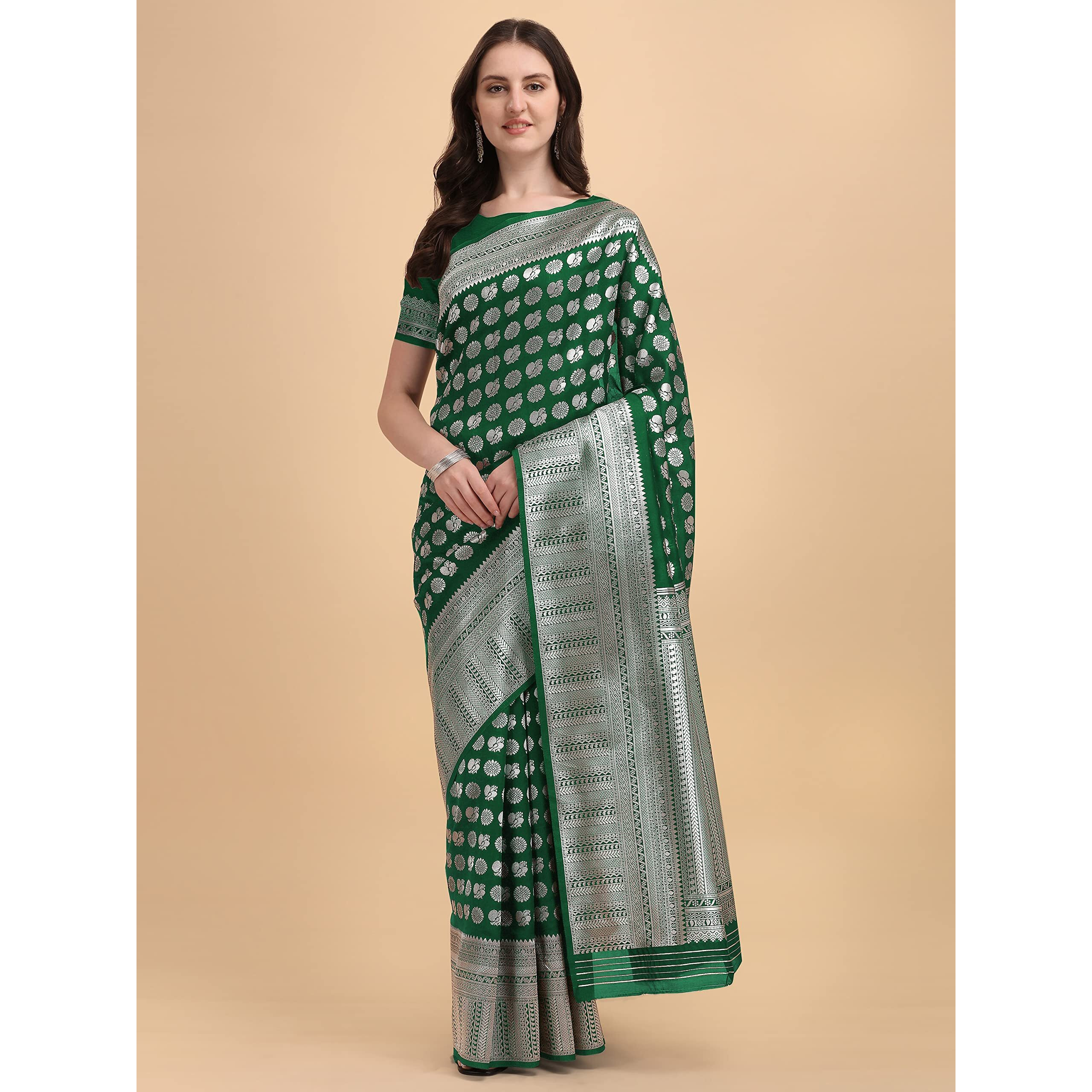 Jaanvi Fashion Womens Banarasi Silk Saree With Blouse Piece (Bella-Green-Saree-03_Pine Green)