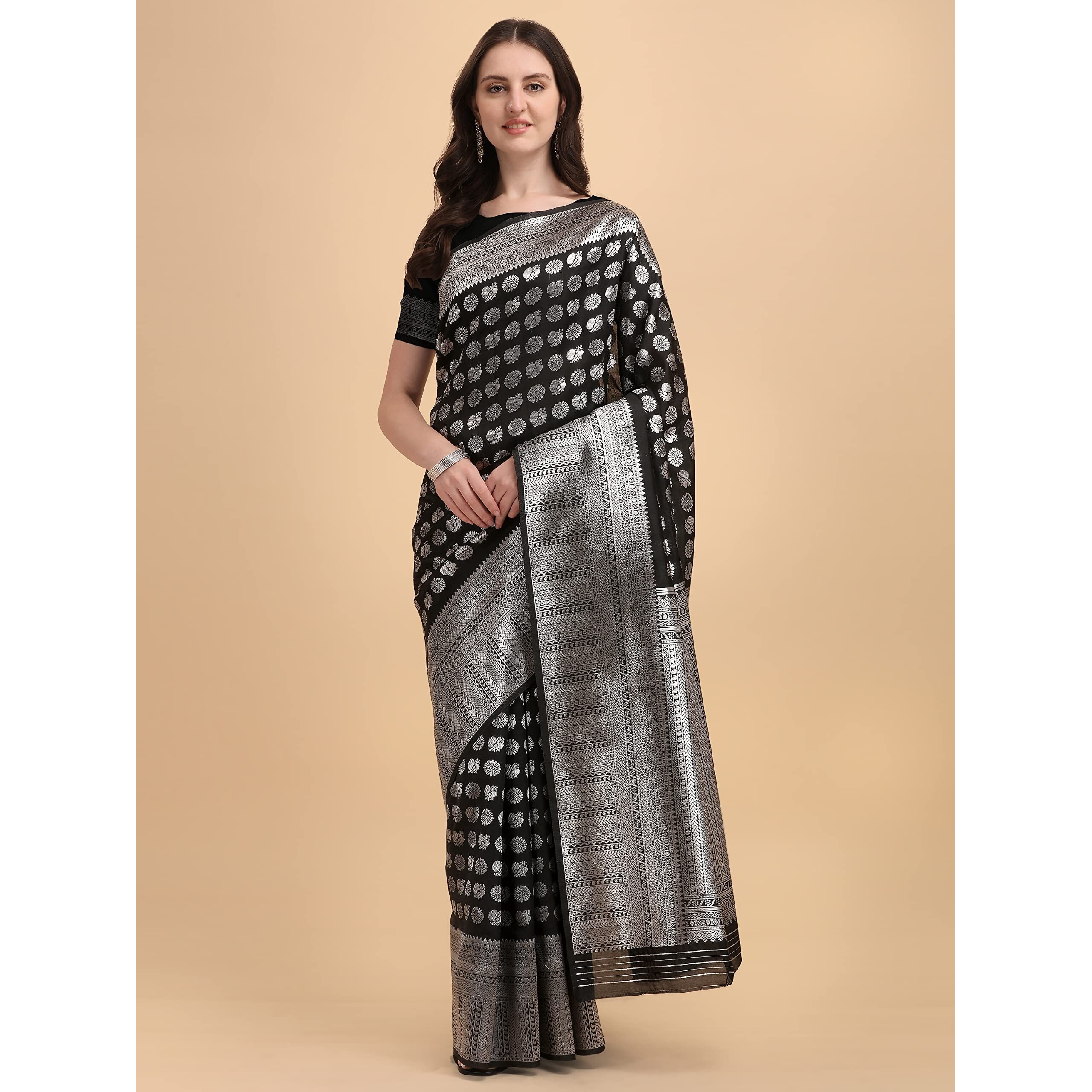 Jaanvi Fashion Womens Banarasi Silk Saree With Blouse Piece (Bella-Black-Saree-03_Black)