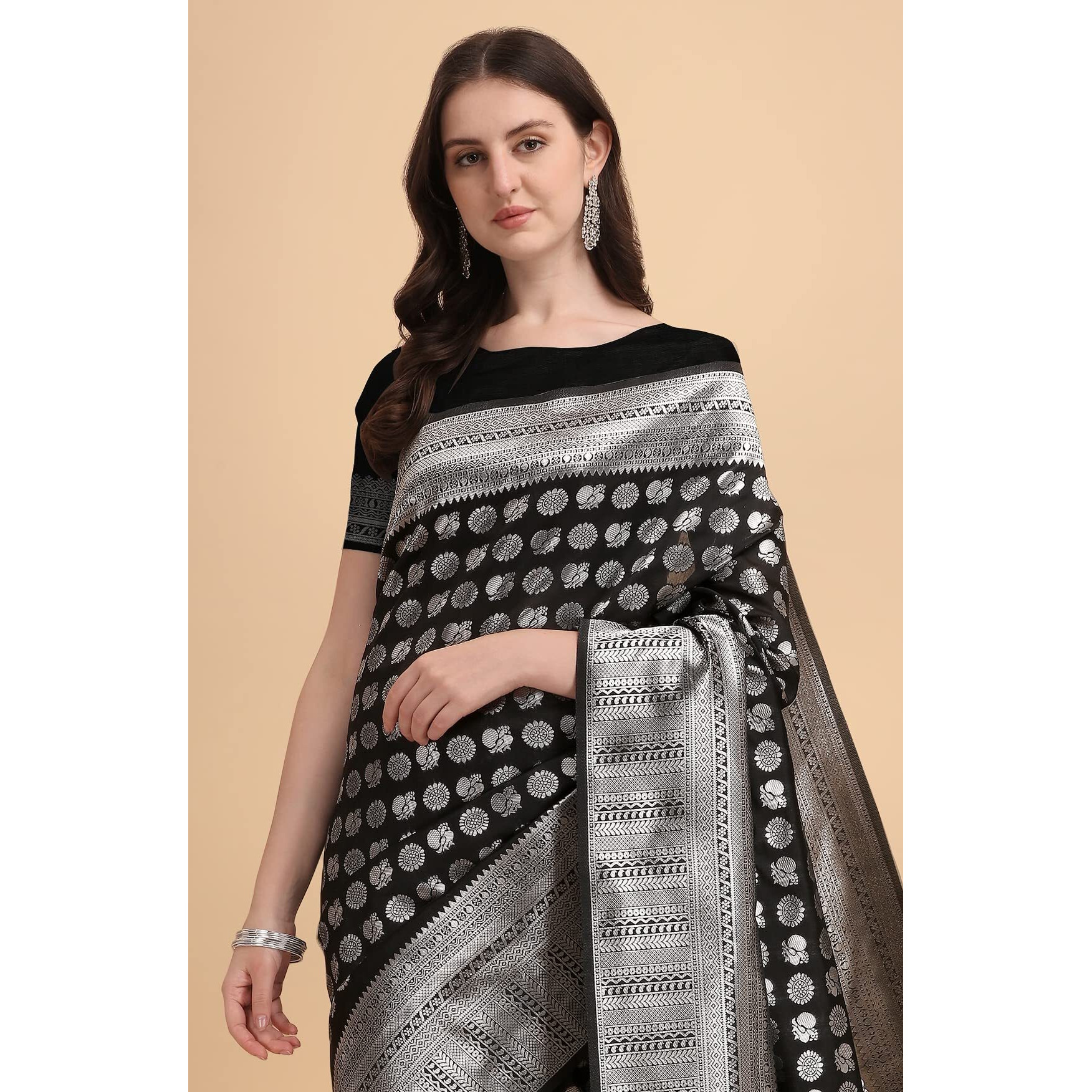 Jaanvi Fashion Womens Banarasi Silk Saree With Blouse Piece (Bella-Black-Saree-03_Black)