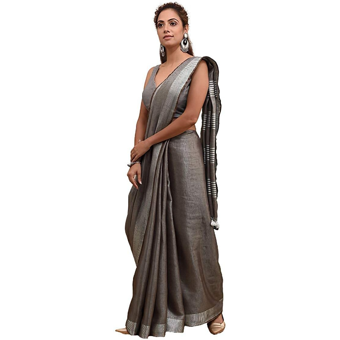 HAIDER ALI AND SONS Pure Tissue Linen Ethnic Wear Saree For Womens (With Blouse_01) (GREY)