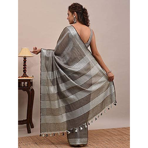 HAIDER ALI AND SONS Pure Tissue Linen Ethnic Wear Saree For Womens (With Blouse_01) (GREY)
