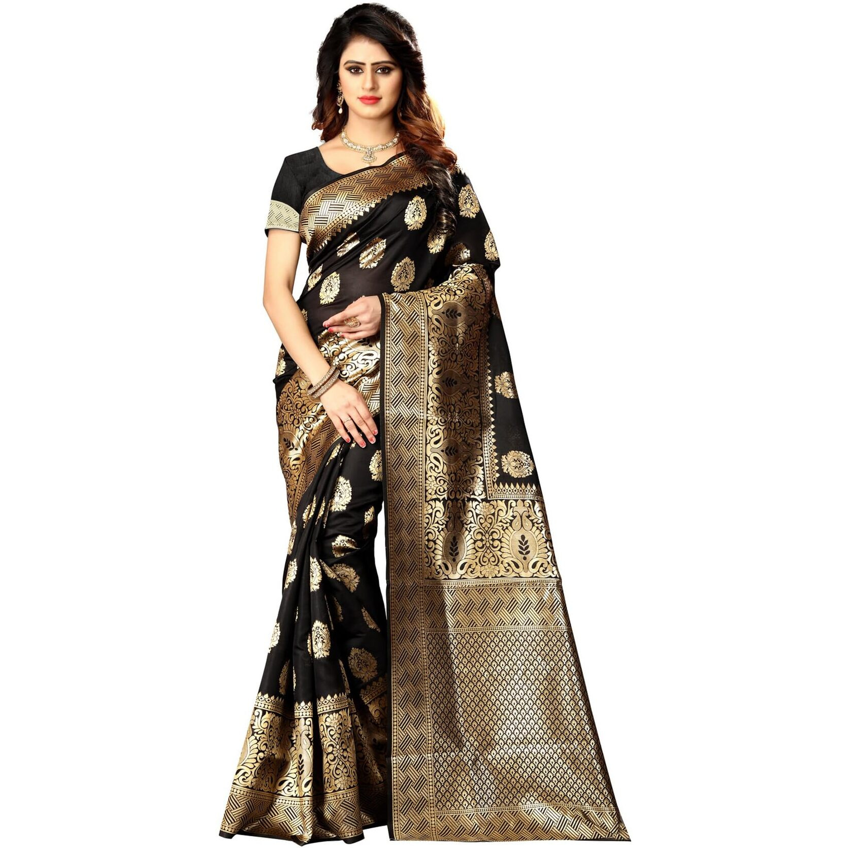 Sugathari Womens Banarasi Saree Pure Kanjivaram Silk Saree Soft new ladies 2023 Design Wear Pattu Sarees Latest Cotton Party Sari collections With Blouse Piece for Wedding sadi (SAM PARI-20-BLACK)