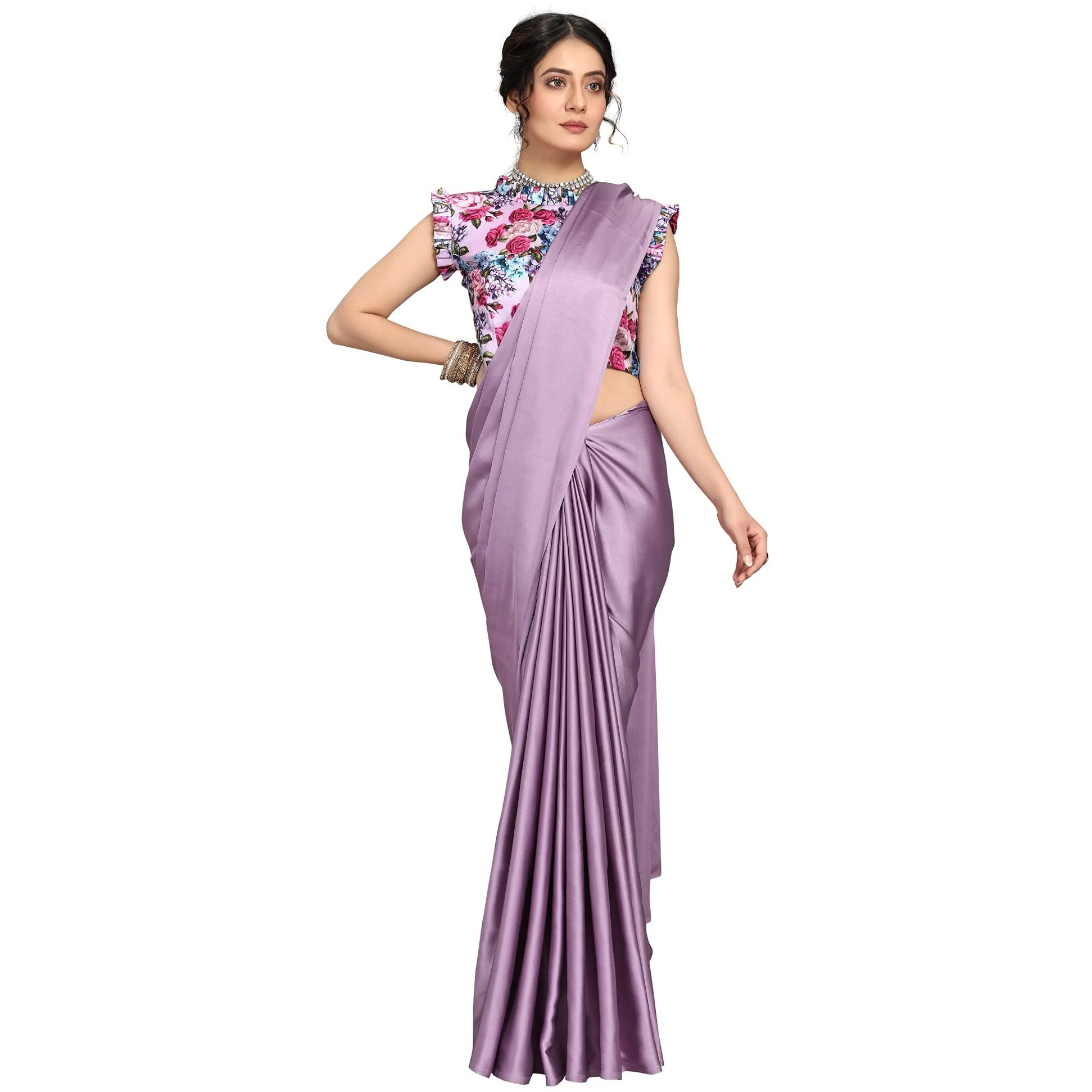 Dhyan Womens Banarasi Satin Silk Saree With Blouse Piece ( LIGHT PURPLE SARI+PRINT BL_Light Purple)
