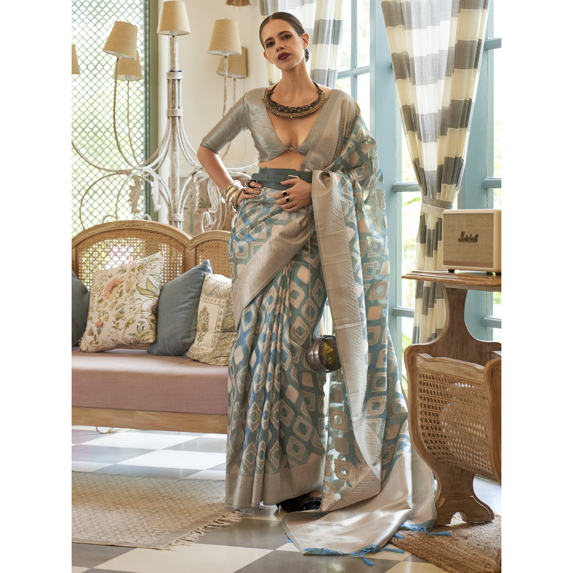 AKHILAM Womens Kalki Koechlin Banarasi Tissue Silk Saree With Unstitched Blouse Piece (Teal blue_KALKITS312003_RJ)